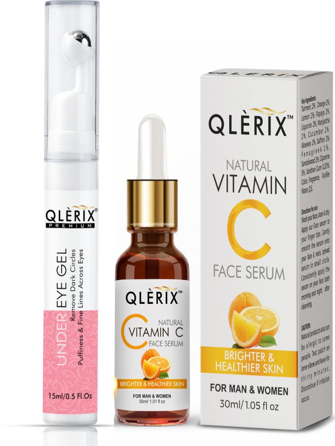 

QLERIX Vitamin C Face Serum - 30 ml & Natural Under Eye Gel - 15 ml, White