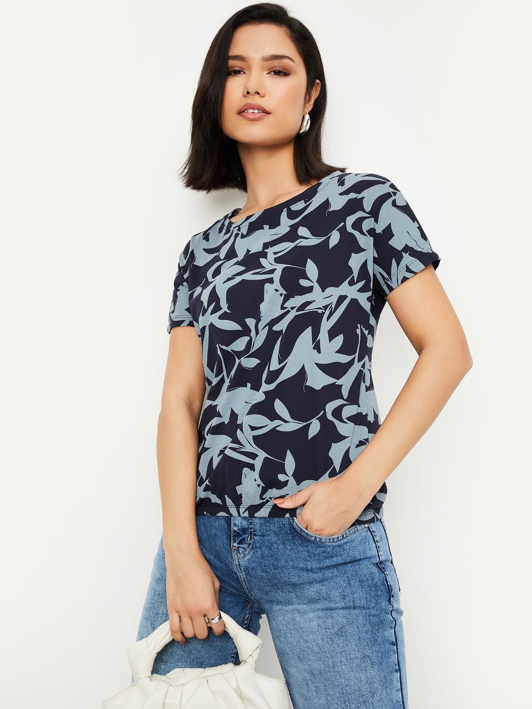 

max Women Ethnic Printed Cotton Top, Navy blue