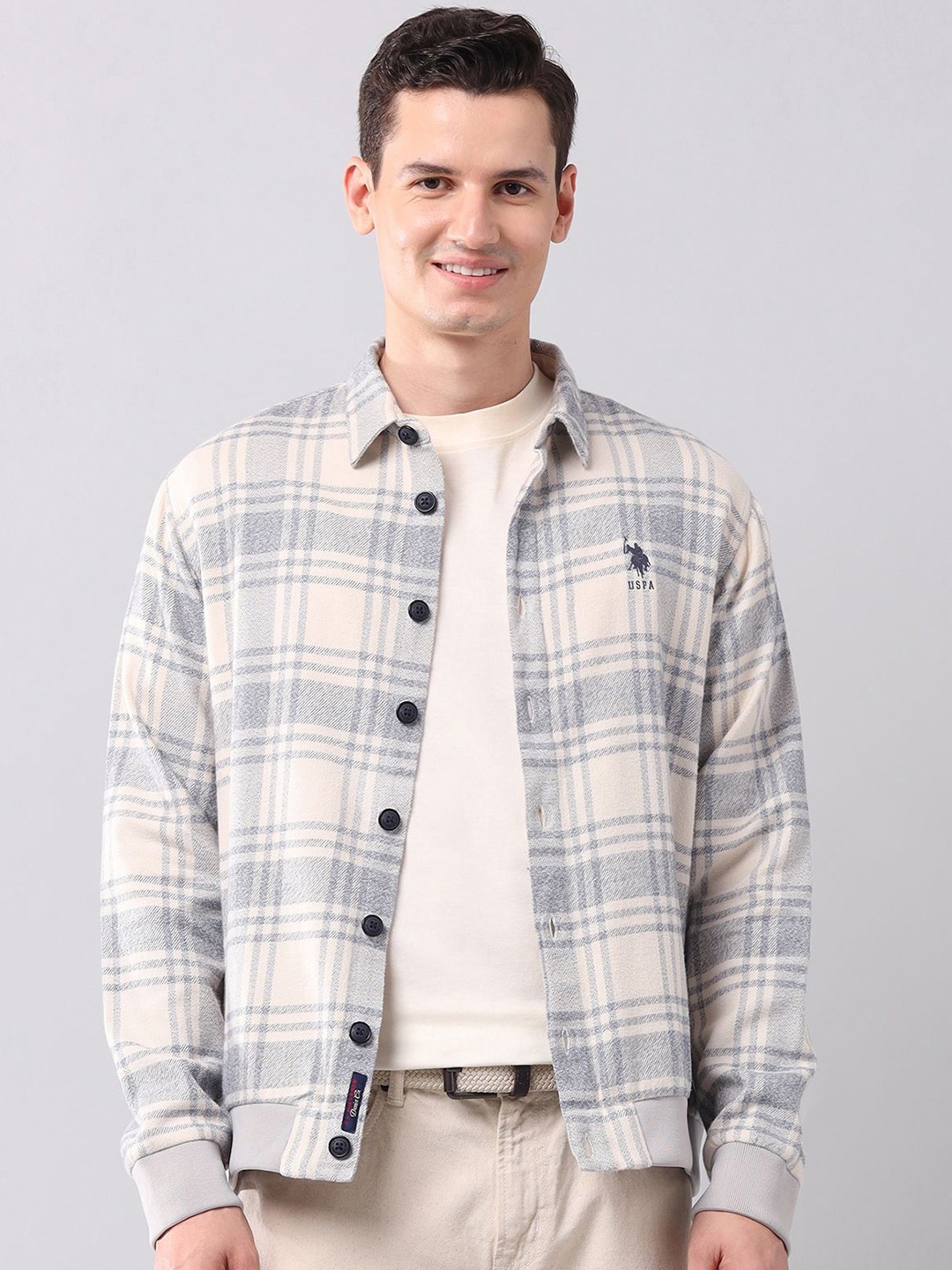 

U.S. Polo Assn. Denim Co. Men Slim Fit Spread Collar Tartan Checked Cotton Casual Shirt, Off white