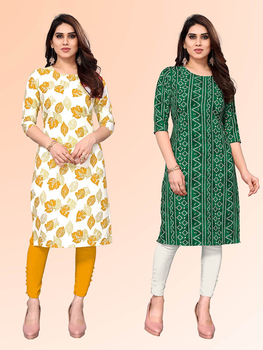 

KETAKI FASHION Selection Of 2 Floral Printed Round Neck Straight Kurtas, White