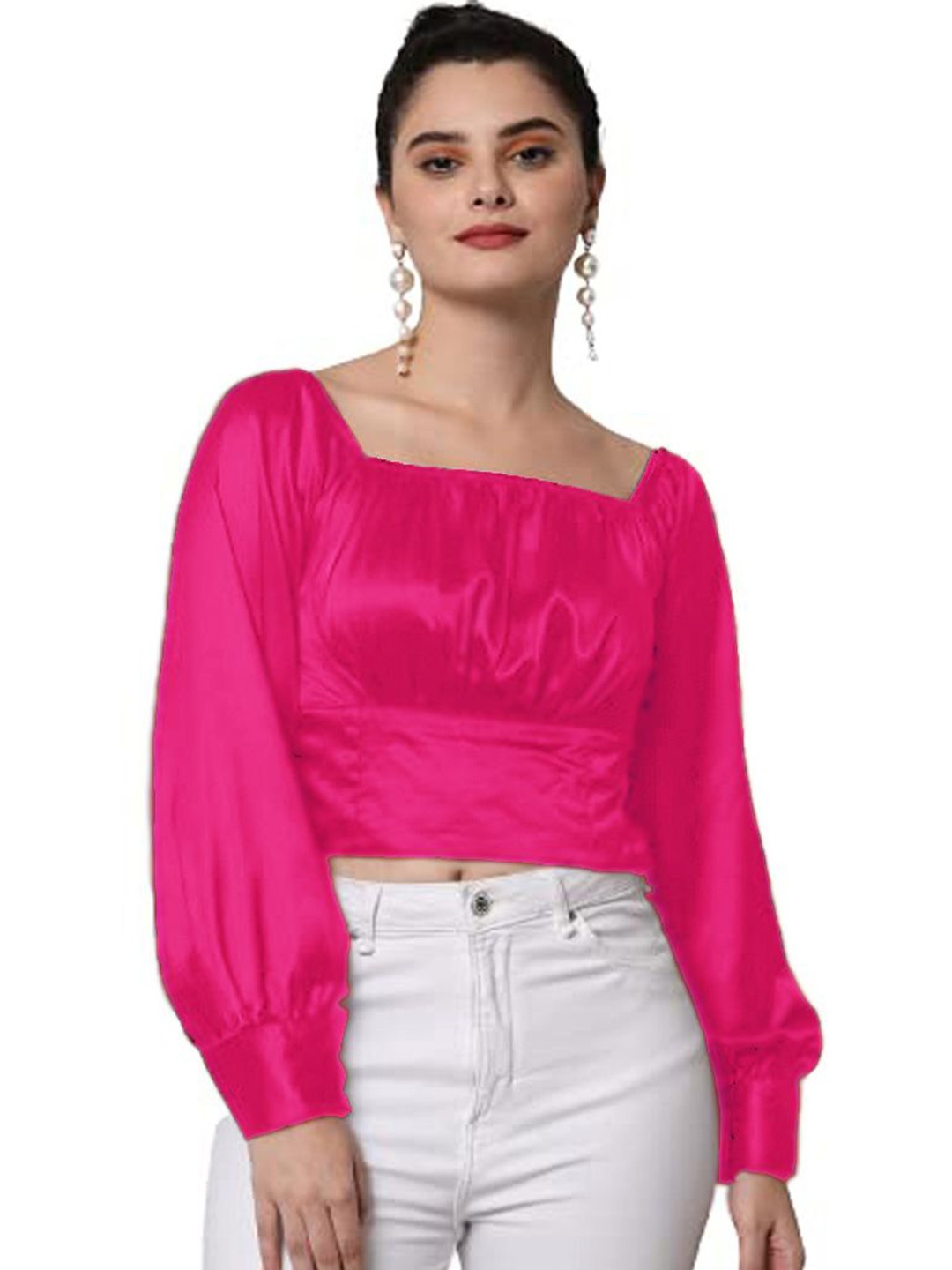 

CULPI Women Satin Square Neck Cuffed Sleeves Crop Top, Pink