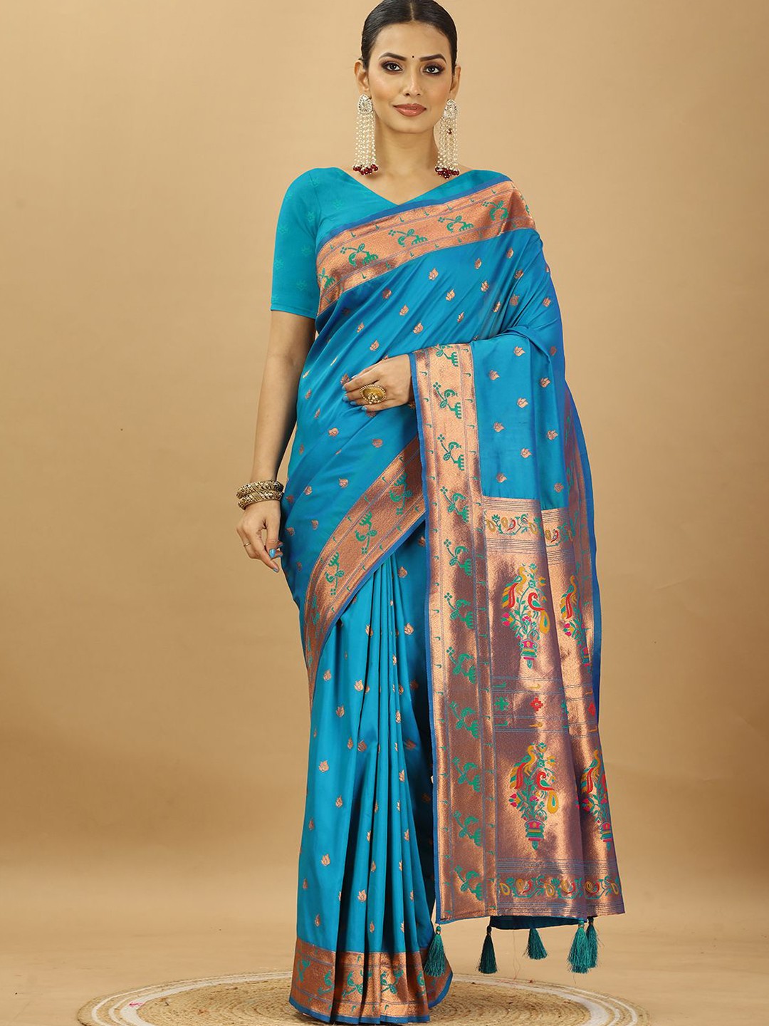 

SWAMI STUDIO Woven Design Zari Pure Silk Paithani Saree, Blue
