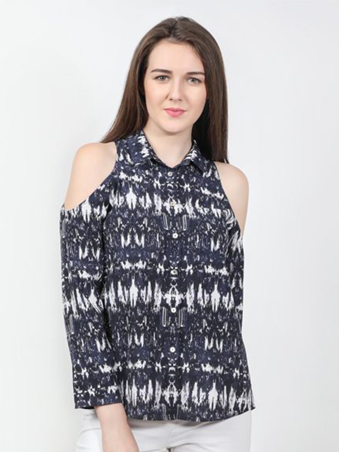 

DELIS Women Printed Cold-Shoulder Georgette Shirt Style Top, Navy blue