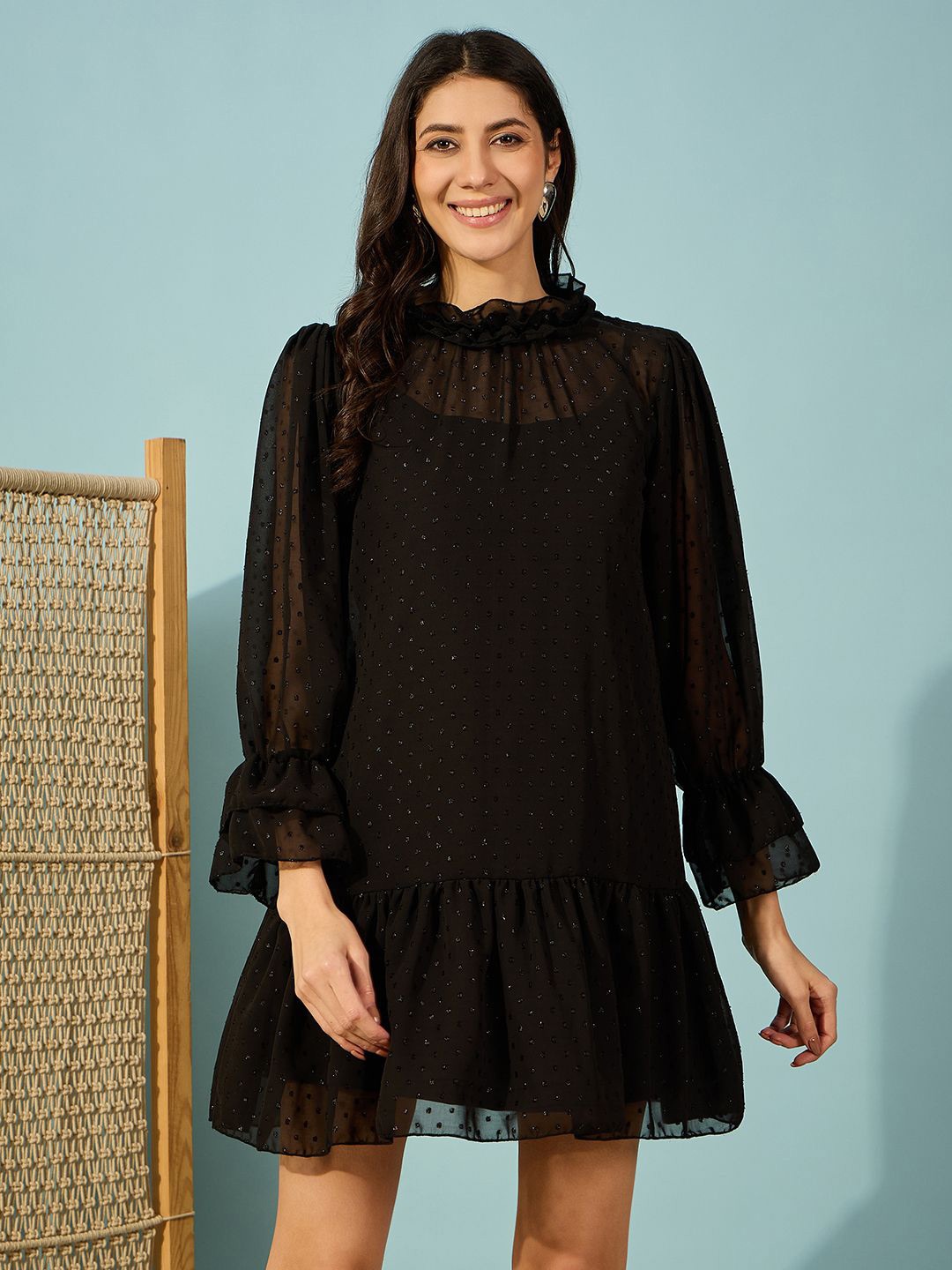 

The Kaftan Company Puff Sleeve Ruffled Chiffon Drop-Waist Dress, Black