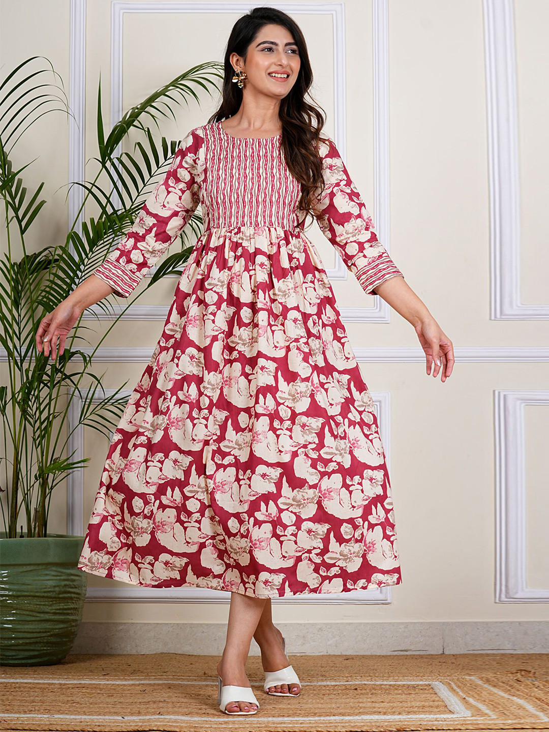 

SITA FASHION HUB Women Floral Printed Cotton Fit & Flare Midi Dress, Pink