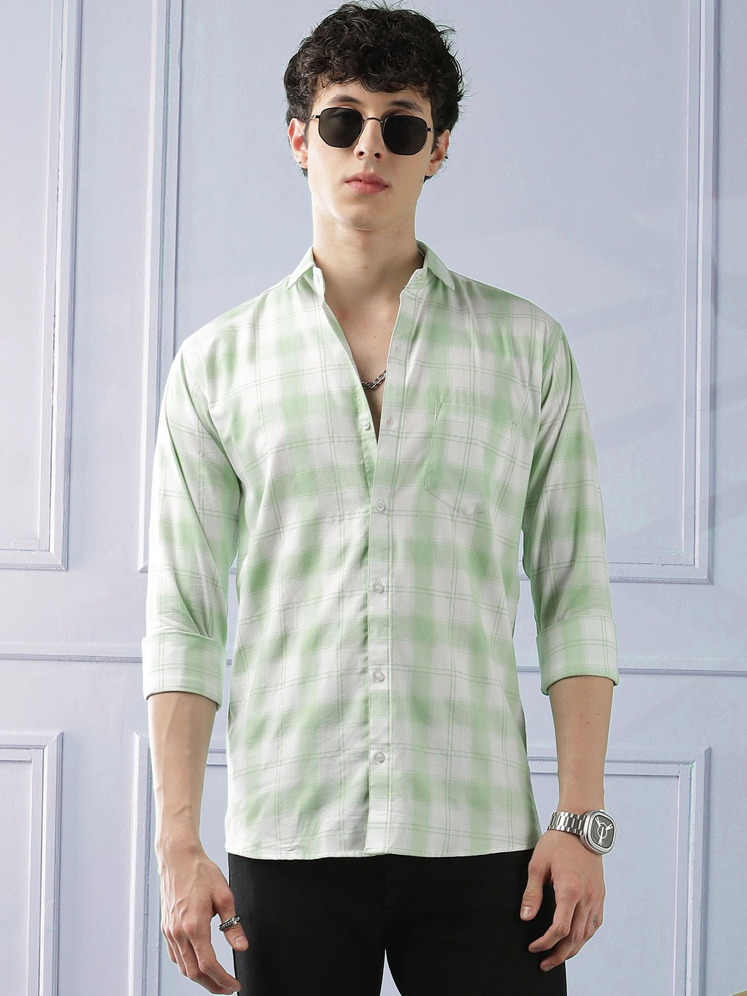

WOXEN Men Original Fit Spread Collar Tartan Checked Cotton Casual Shirt, Green