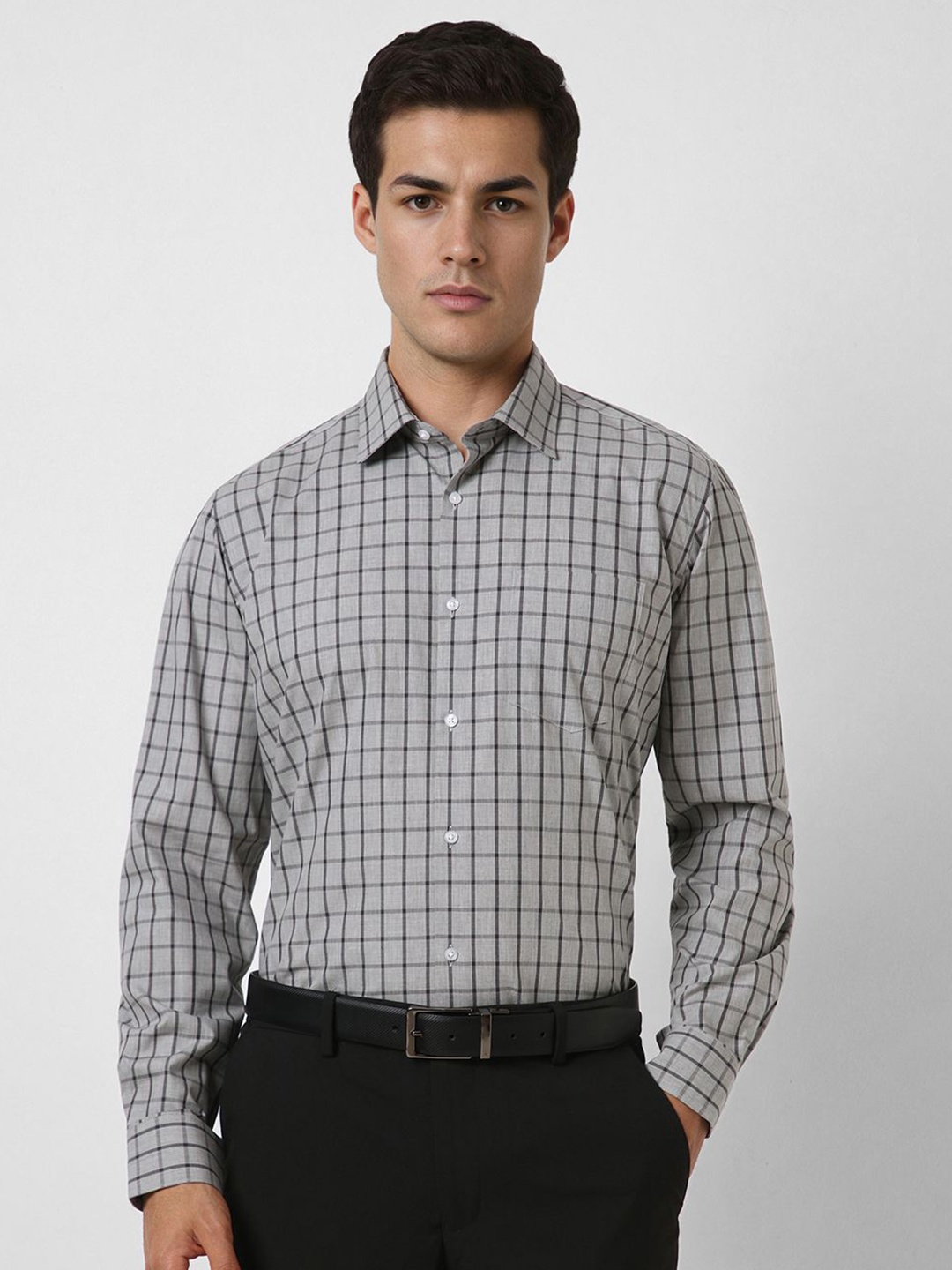 

Van Heusen Men Spread Collar Gingham Checked Cotton Formal Shirt, Grey