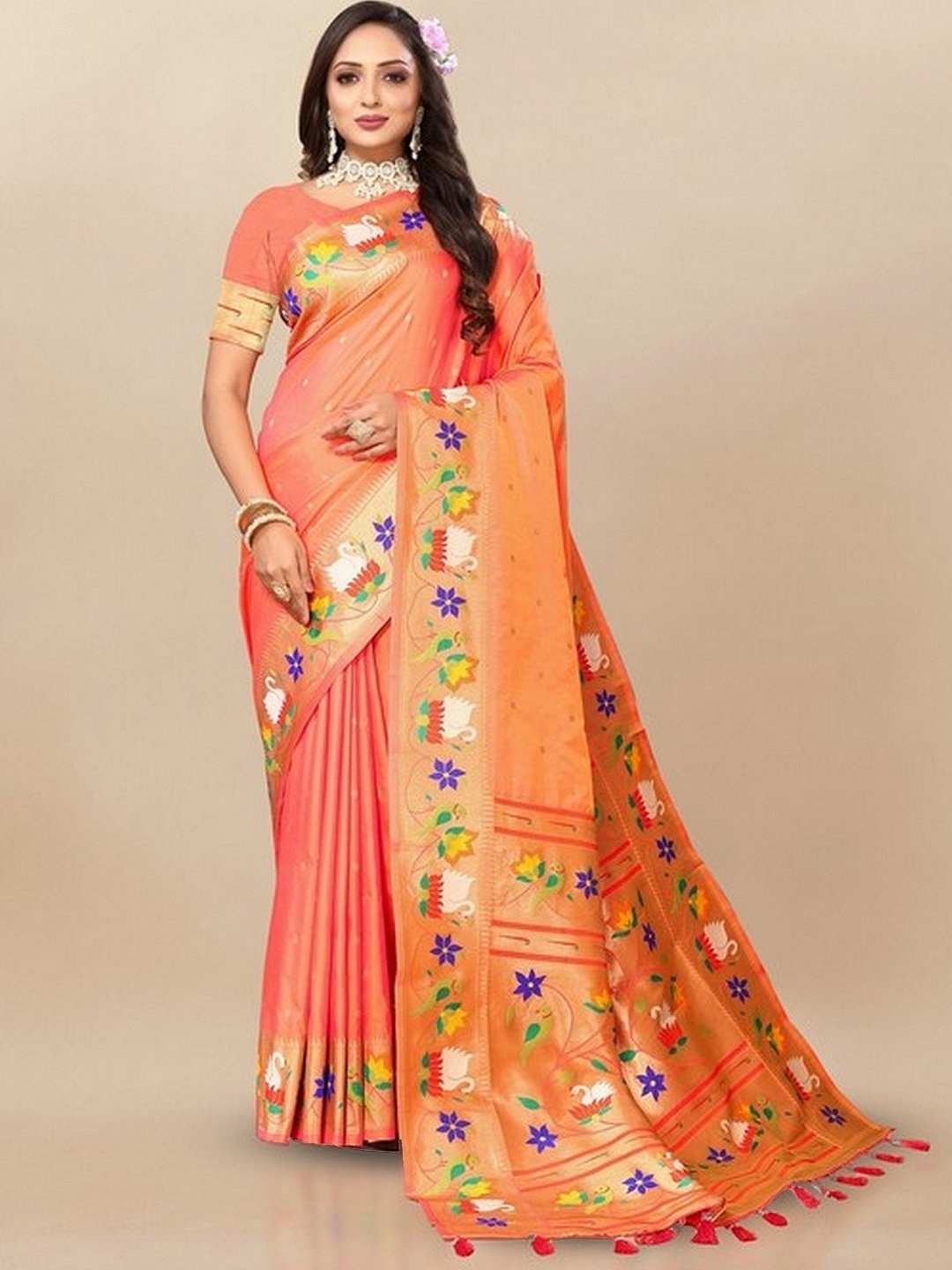 

VARNI FABRICS Woven Design Pure Silk Saree, Coral