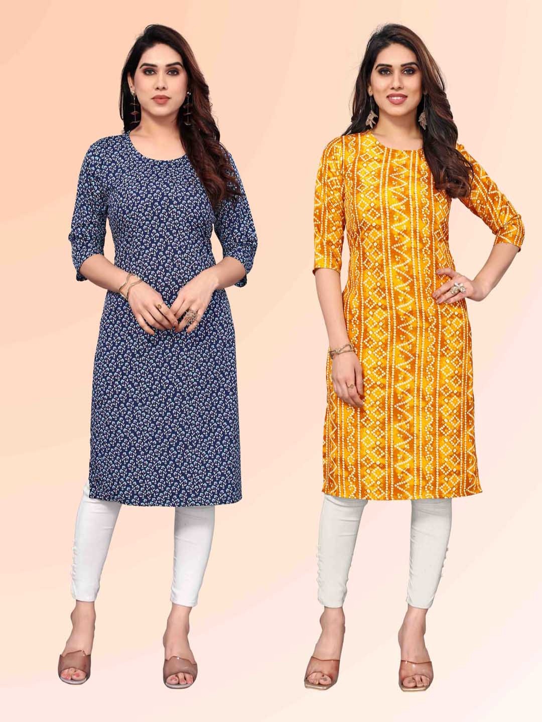 

KETAKI FASHION Selection of 2 Floral Printed Round Neck Straight Kurtas, Blue