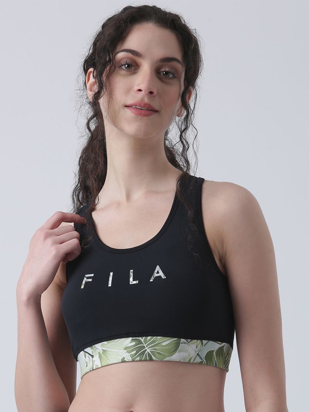 

FILA Gessa Tropical Printed Lightly Padded Rapid-Dry Workout Bra With Moisture Wicking, Black