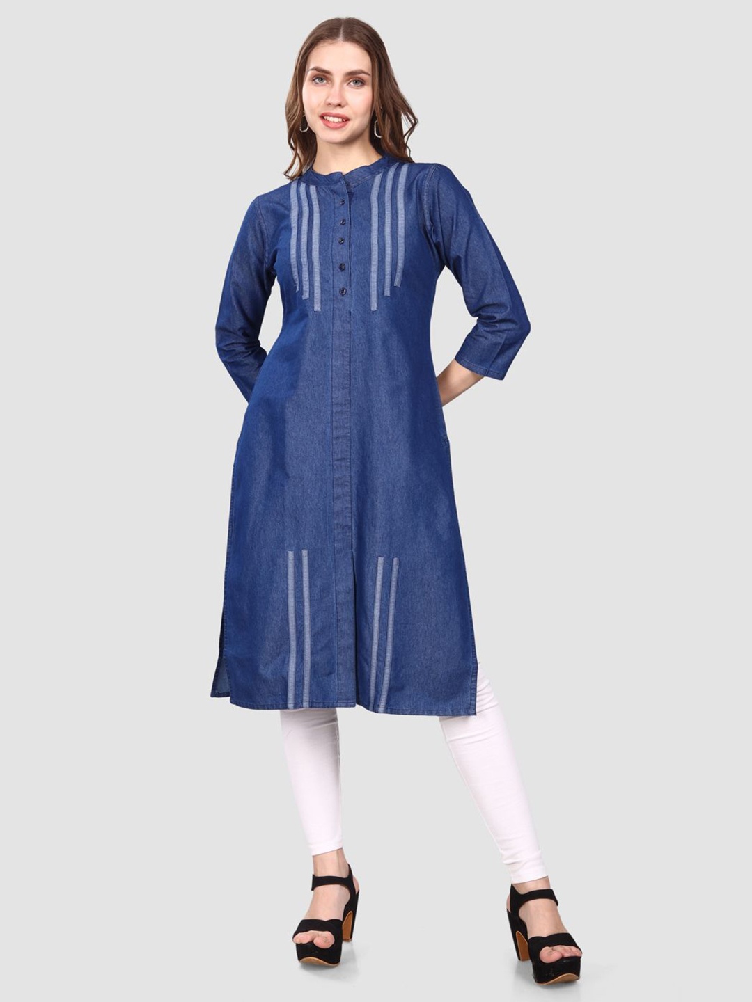 

SK Creation Striped Printed Denim Straight Kurta, Blue