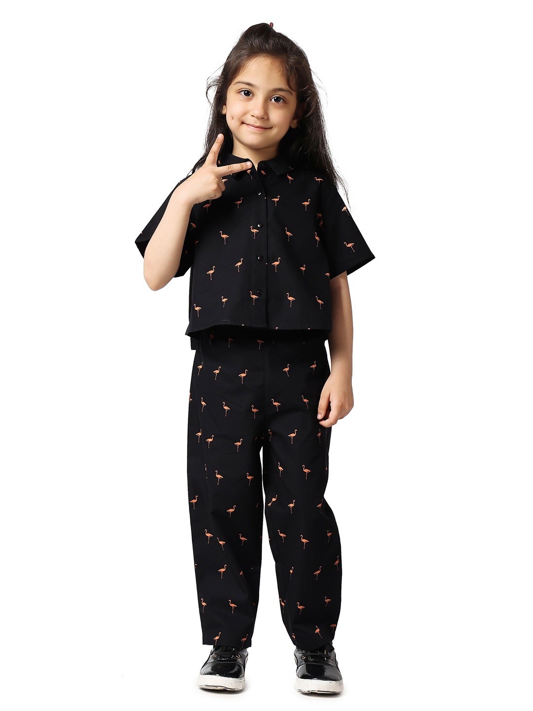 

theRebelinme Kids Printed Short Sleeves Pure Cotton Shirt With Trousers, Black