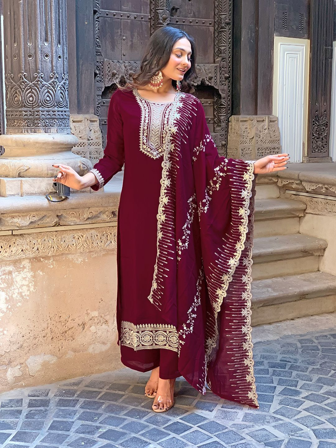 

KALINI Women Ethnic Motifs Embroidered Regular Kurta with Trousers & With Dupatta, Maroon