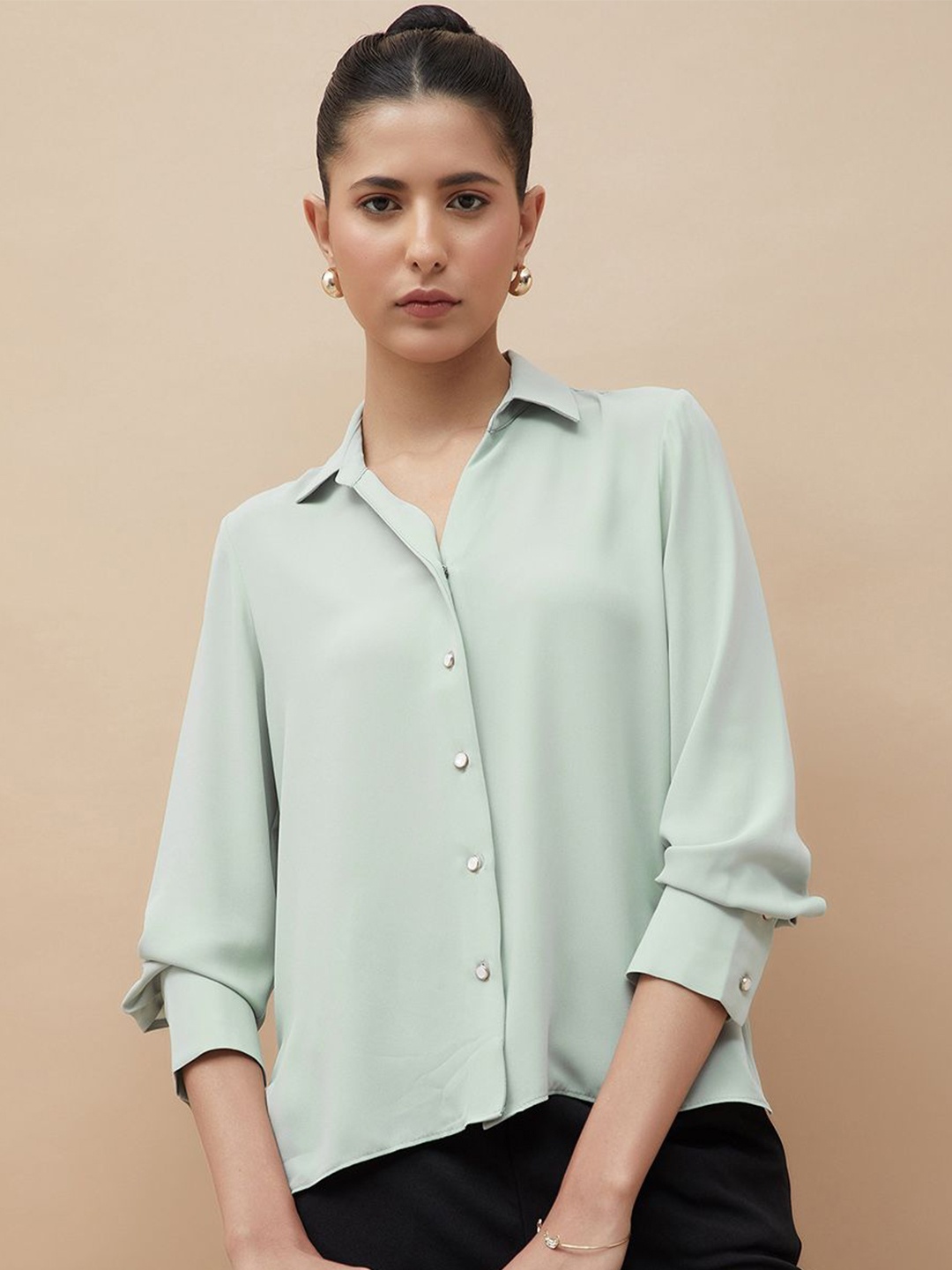 

CODE by Lifestyle Women Cutaway Collar Solid Casual Shirt, Sea green