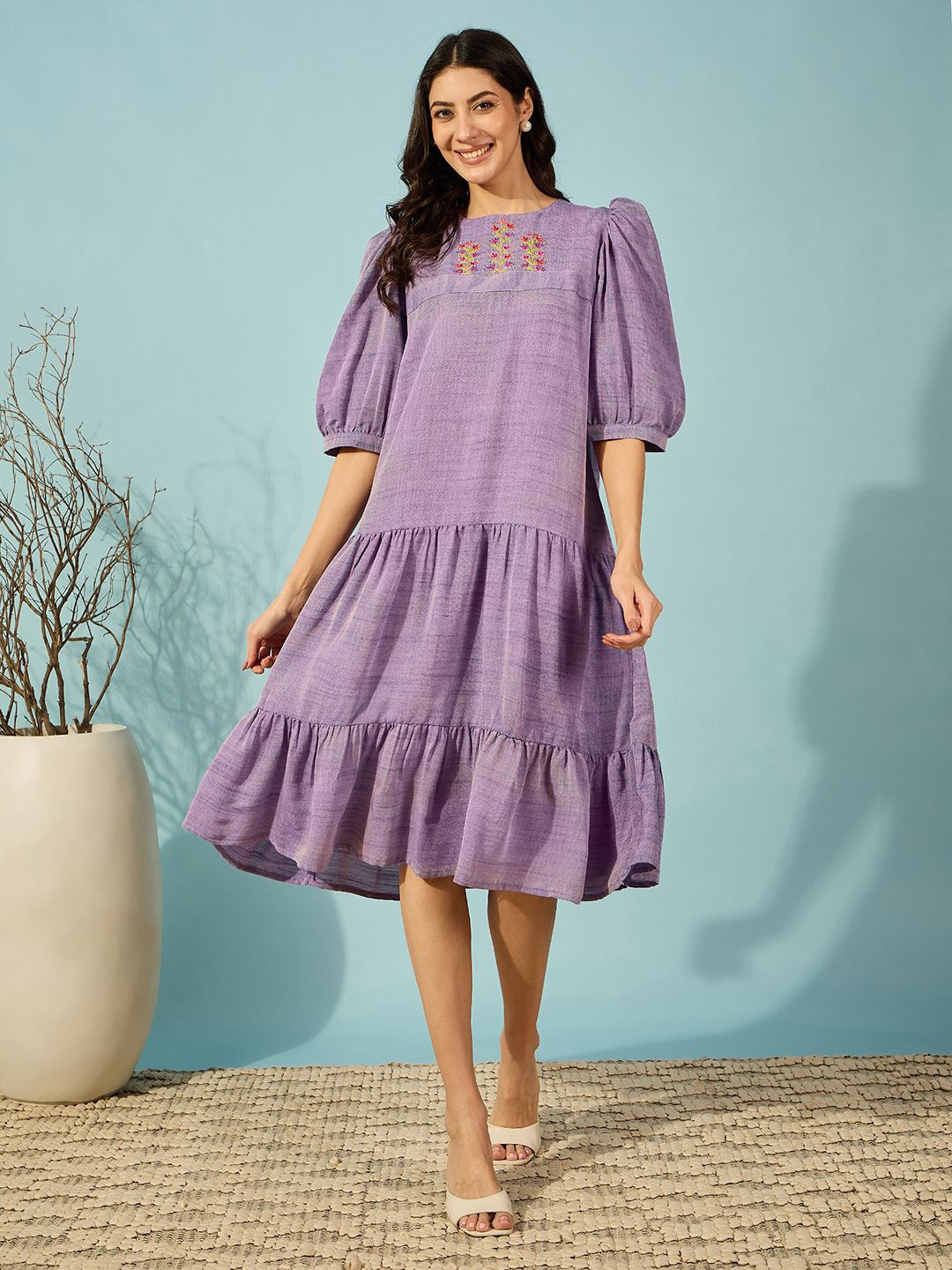 

The Kaftan Company Embellished Embroidered Puff Sleeve Linen Fit & Flare Dress, Purple