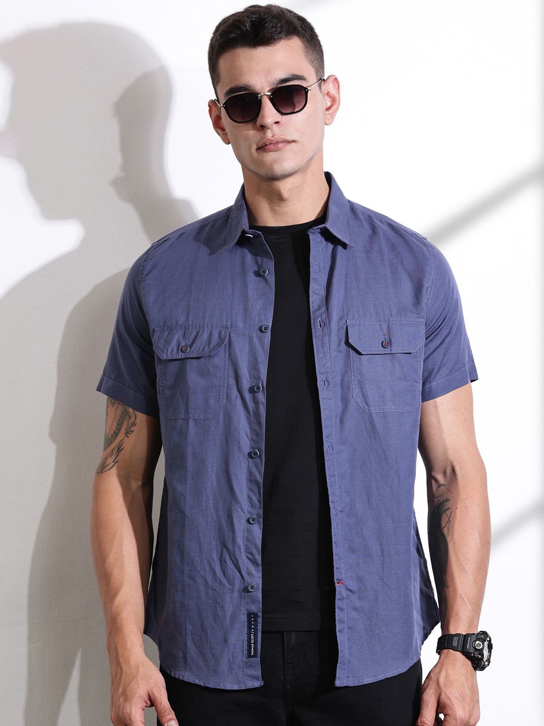 

Thomas Scott Men Classic Slim Fit Spread Collar Solid Linen Casual Shirt, Navy blue