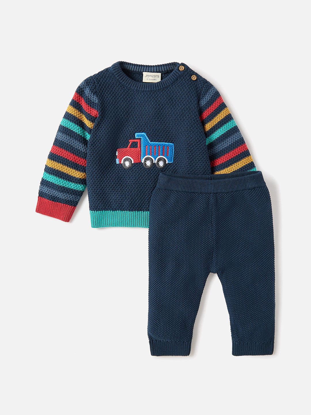 

Juniors by Babyshop Boys Embroidered Round Neck Pure Cotton Sweatshirt With Joggers, Navy blue