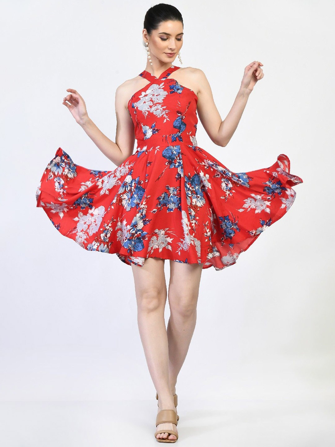 

COATTIRE Women Floral Printed Fit & Flare Mini Dress, Red