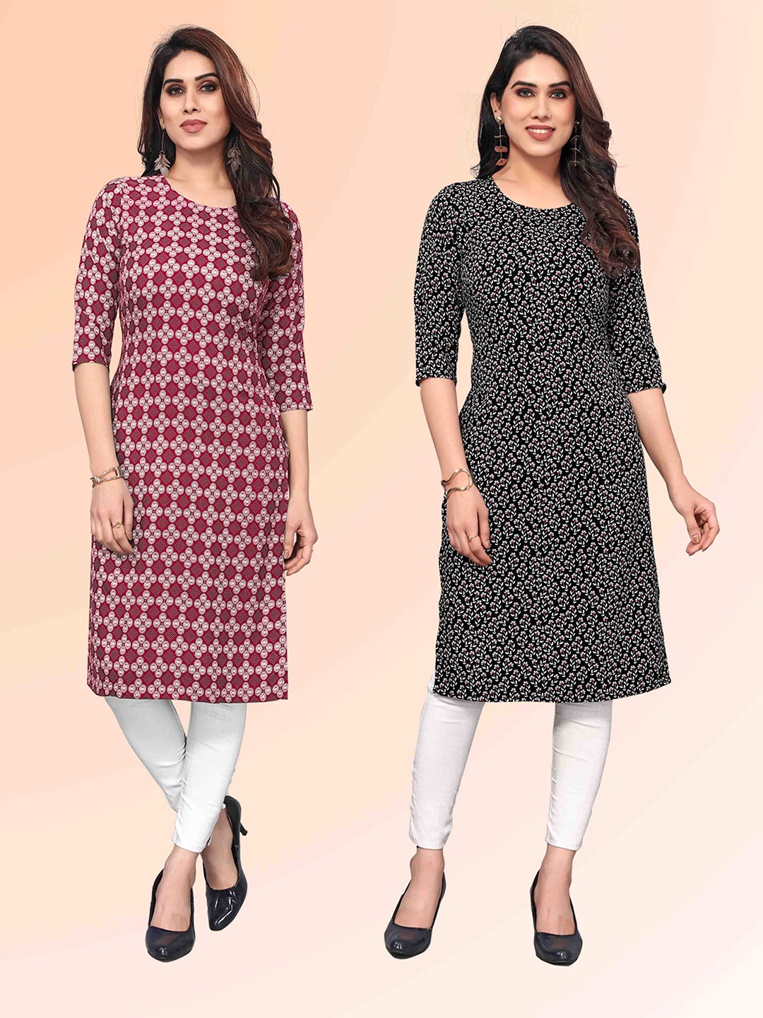 

KETAKI FASHION Selection Of 2 Geometric Printed Round Neck Straight Kurtas, Red