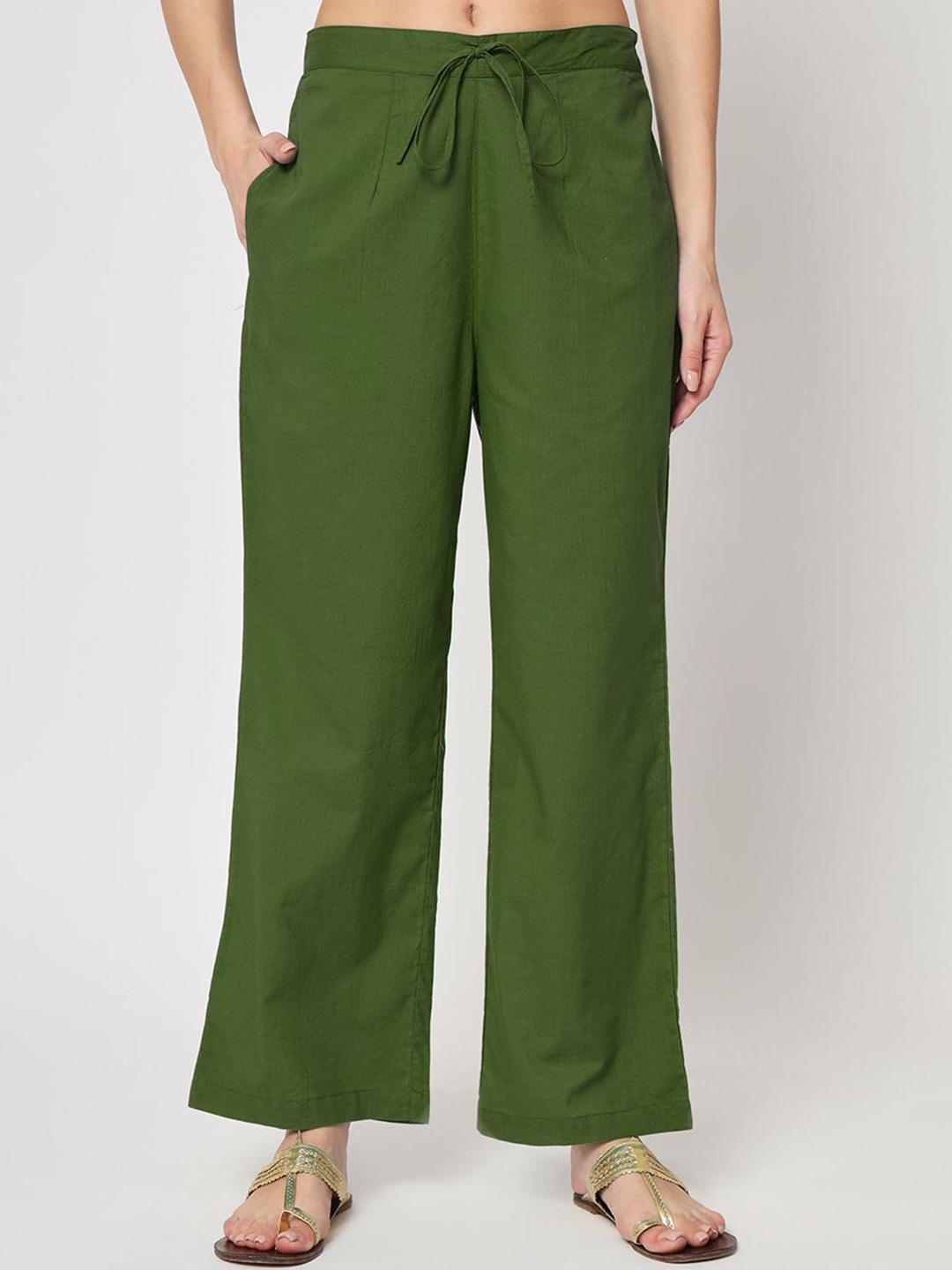 

Thevasa Women Cotton Straight Palazzos, Green