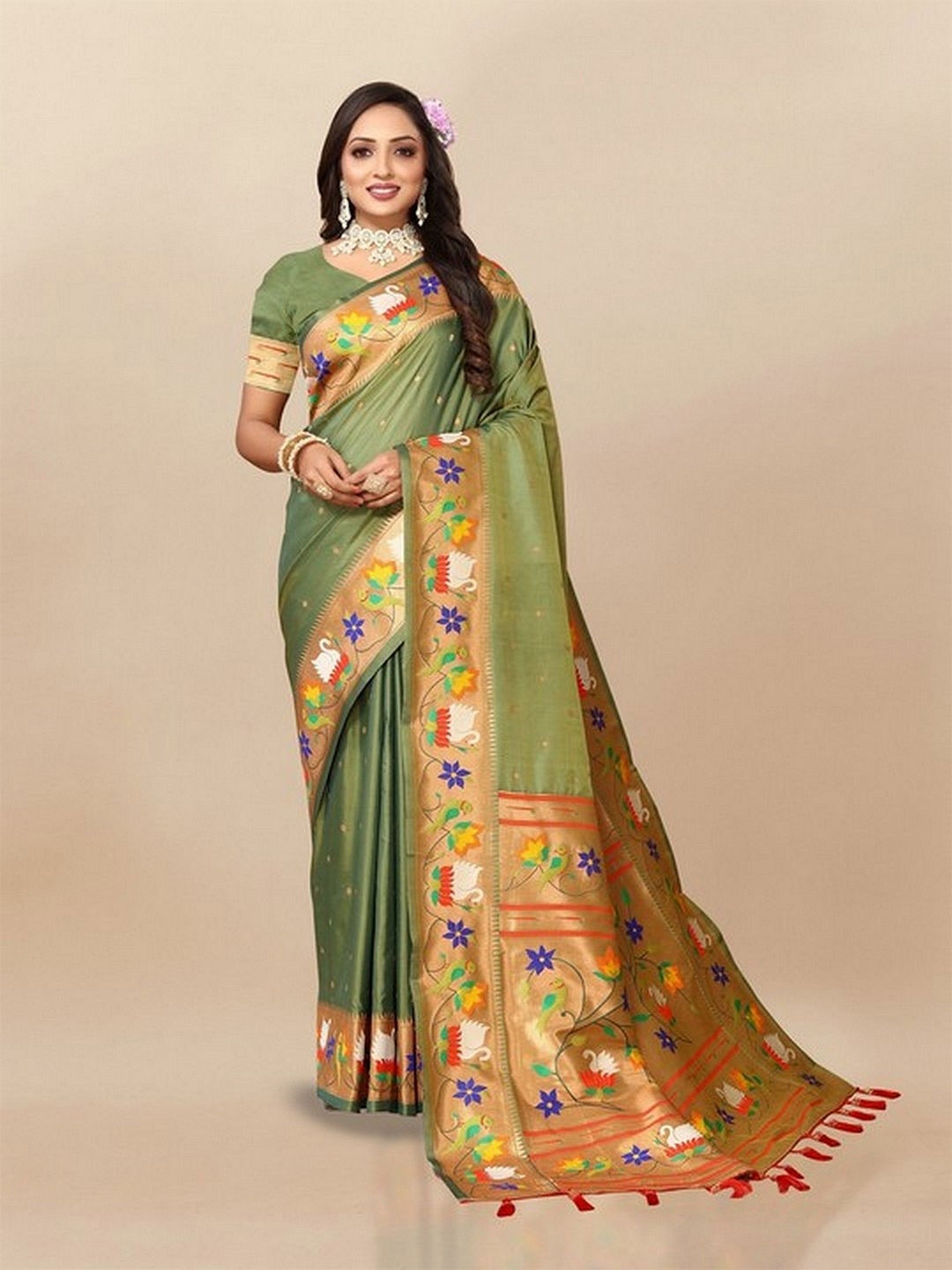 

VARNI FABRICS Woven Design Zari Pure Silk Paithani Saree, Green