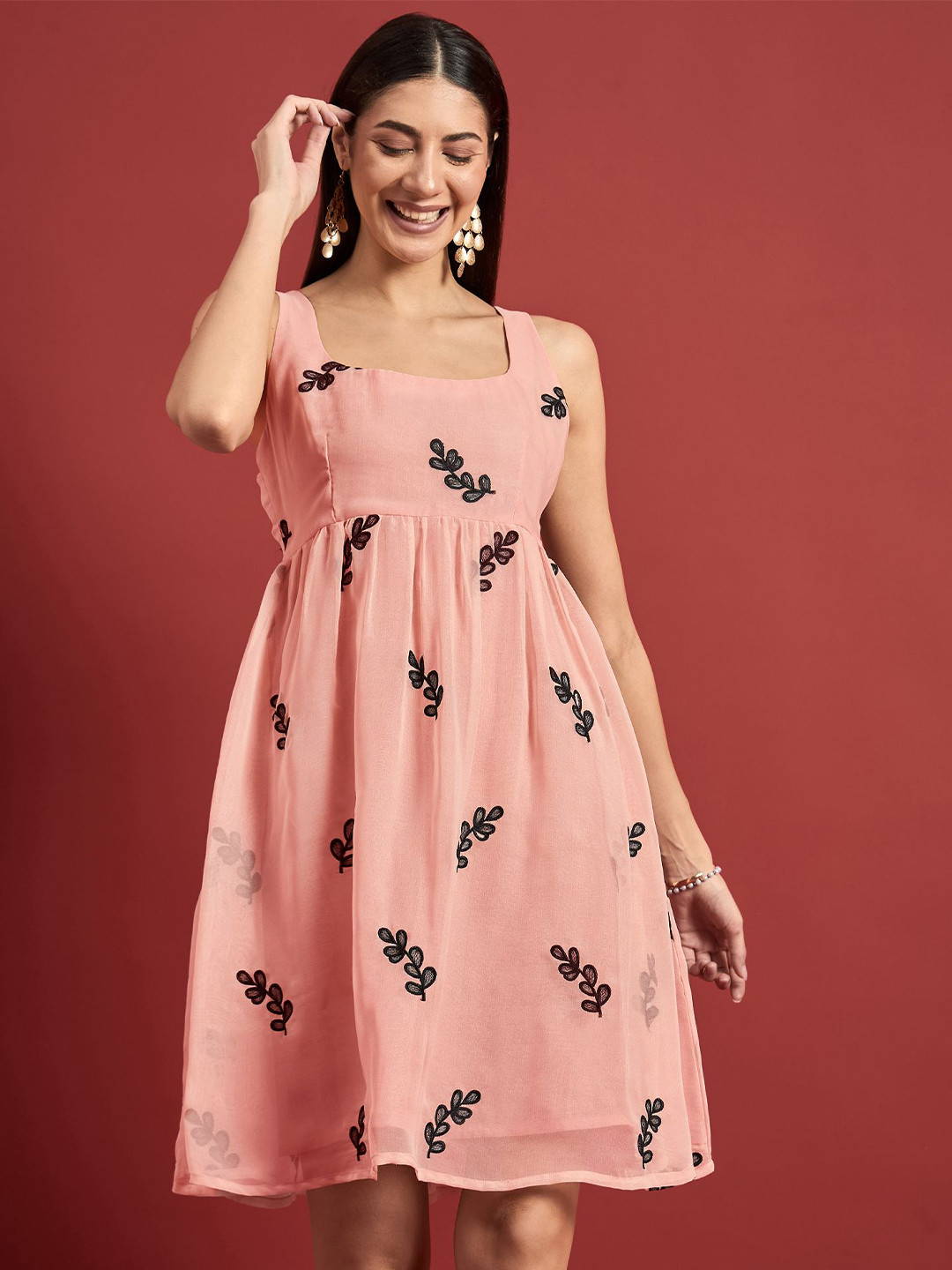 

all about you Floral Embroidered Georgette Fit & Flare Dress, Peach