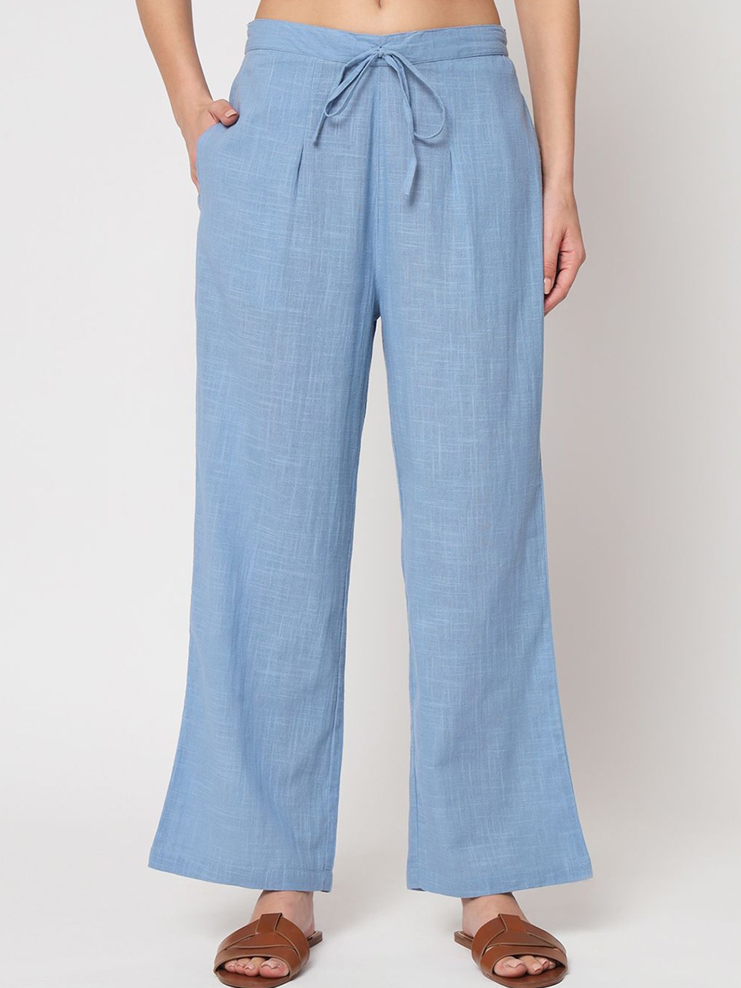 

Thevasa Women Straight Cotton Palazzos, Blue