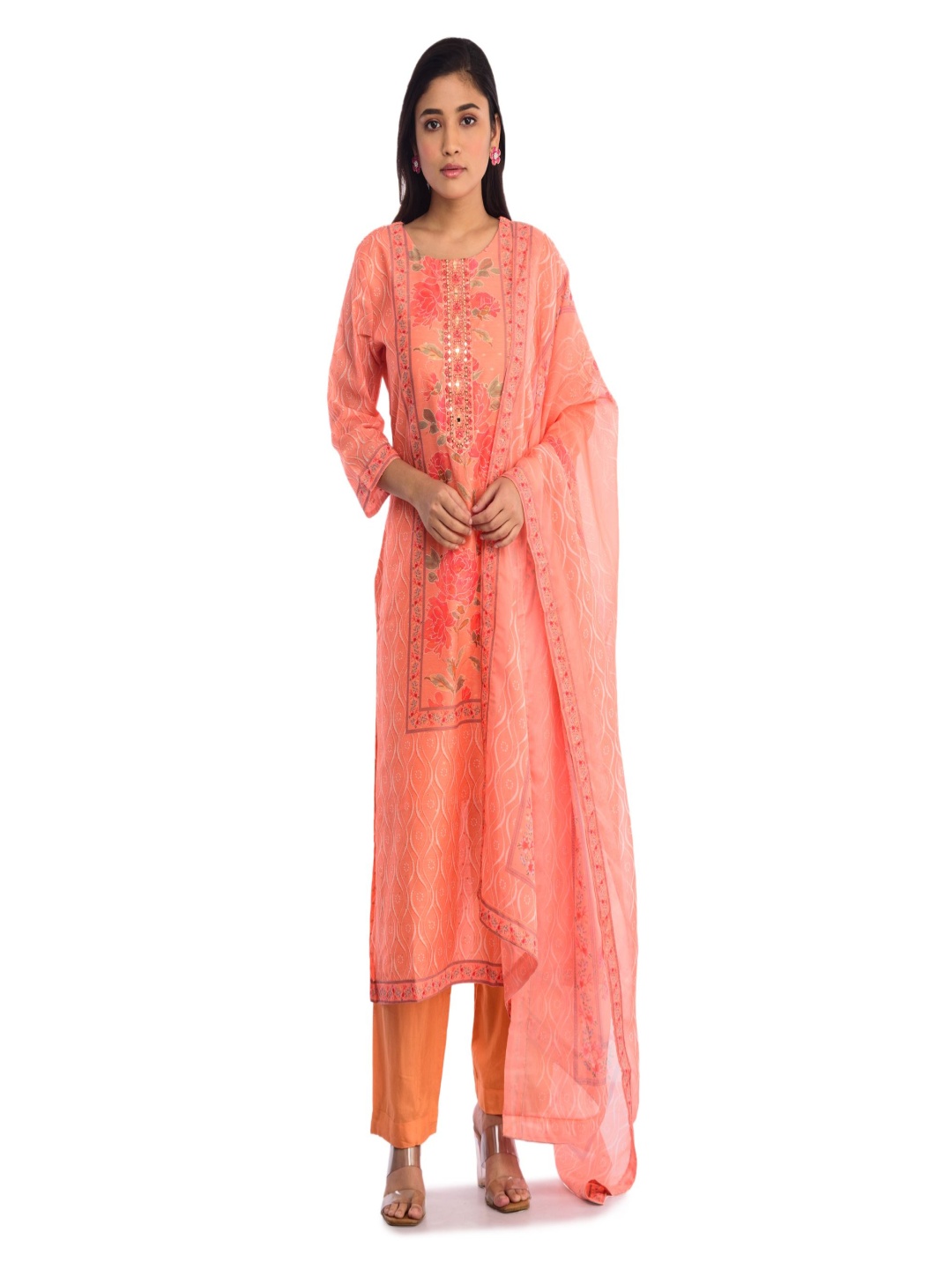 

ISHKIYA Floral Embroidered Straight Chanderi Silk Kurta With Trousers And Dupatta, Orange