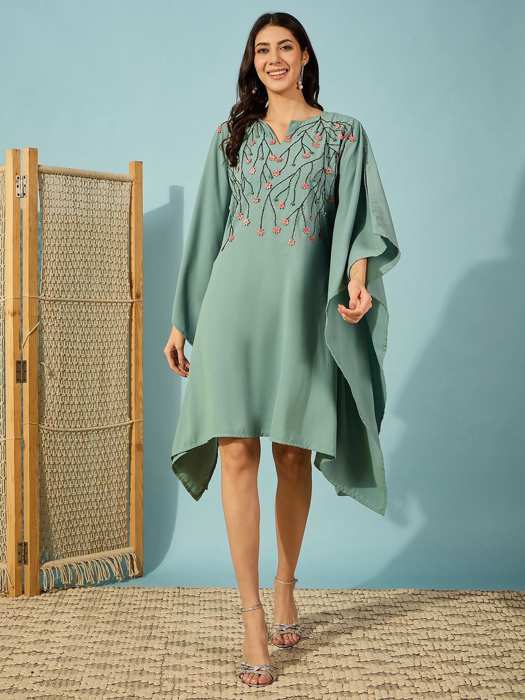 

The Kaftan Company Floral Embroidered Slit Sleeve Kaftan Dress, Green