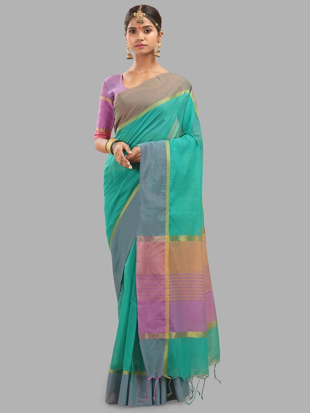 

Krimmple Silk Cotton Maheshwari Saree, Sea green