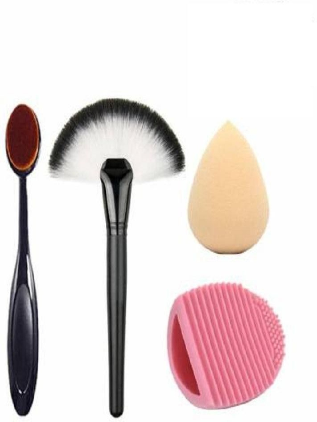 

Lenon Set Of 4 Oval Brush, Fan Brush, Brush Cleaner & Beauty Sponge, Black