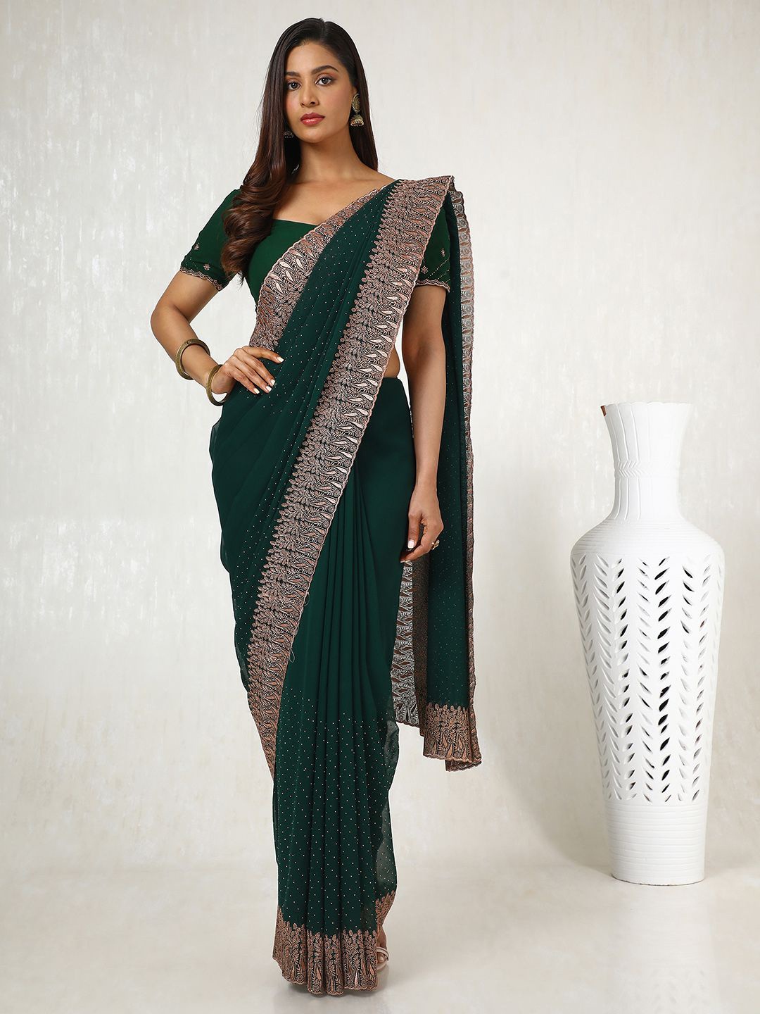 

Soch Embellished Beads and Stones Poly Georgette Saree, Green