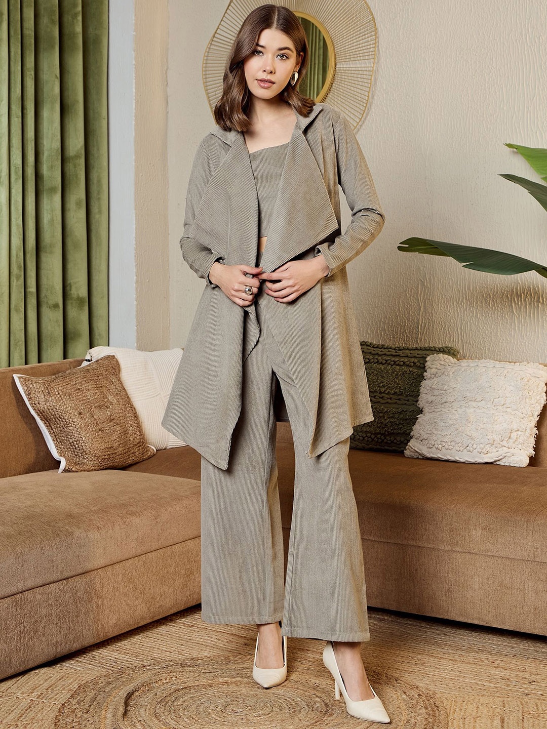 

MABISH by Sonal Jain Pure Cotton Three Piece Top with Trouser and Shrug, Grey