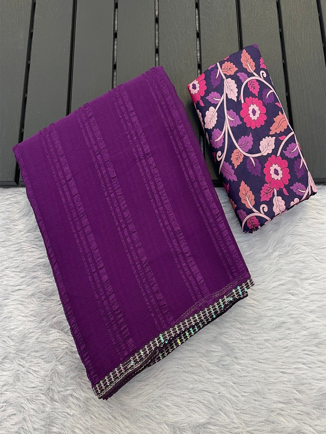 

K 5 Fashion Striped Embroidered Pure Chiffon Saree, Purple