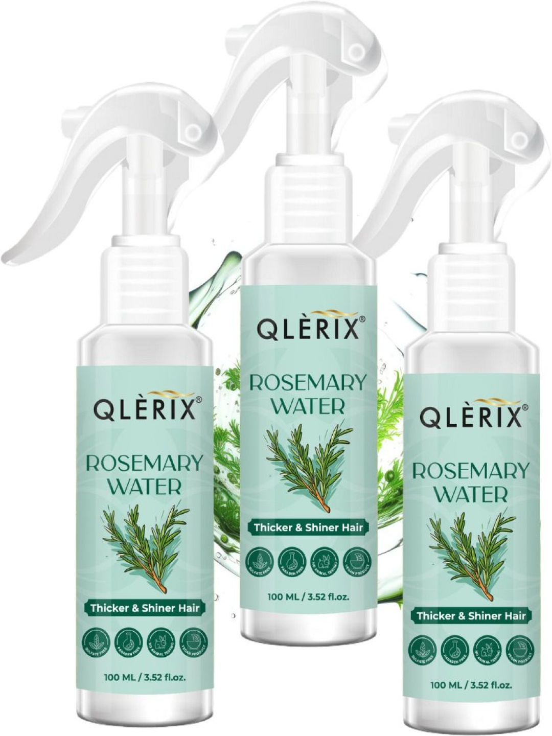 

QLERIX Set Of 3 Rosemary Water Spray For Thicker- Shiner & Stronger Hair - 100 ml Each, Transparent