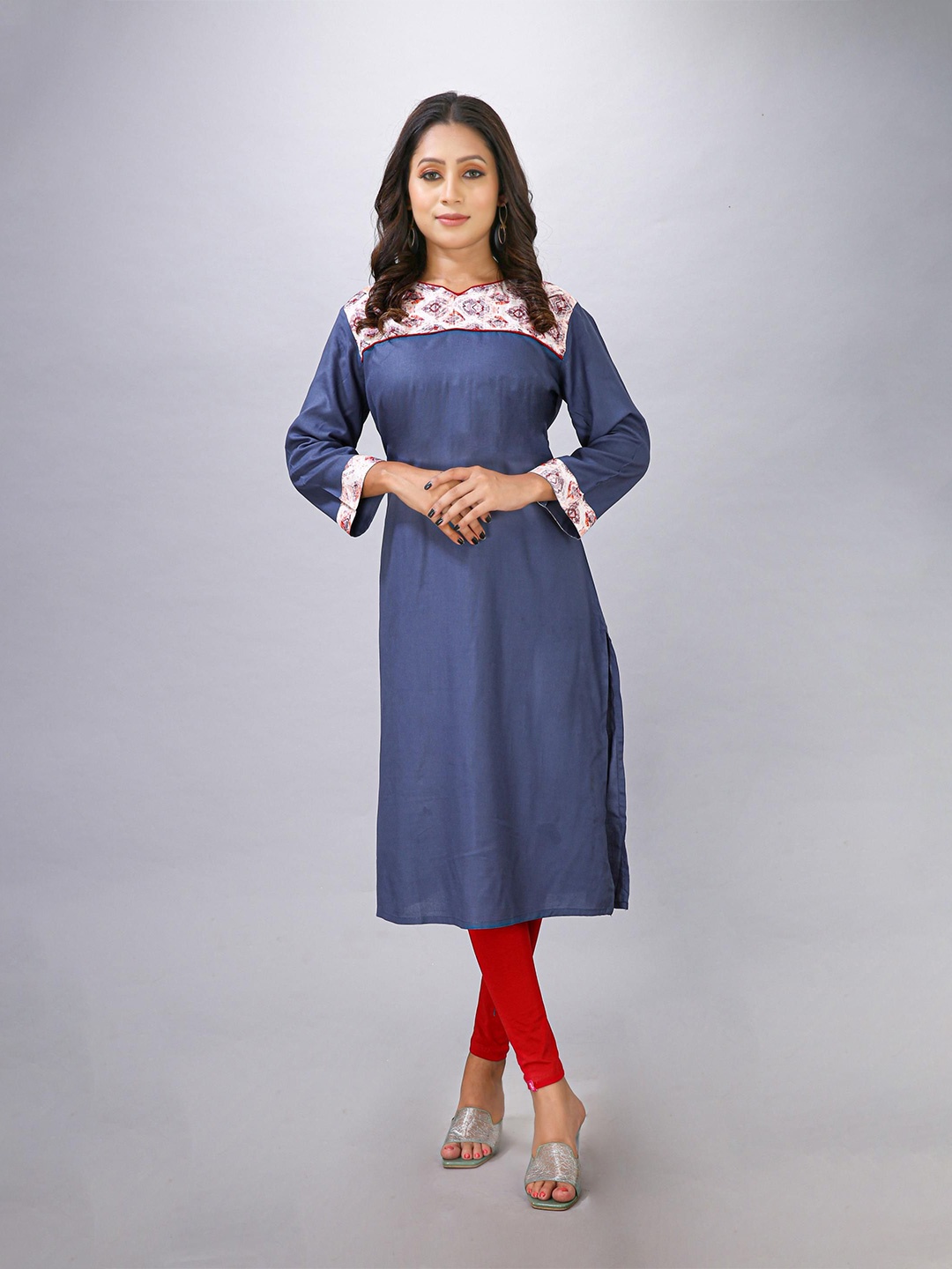 

Krimmple Women Yoke Design V-Neck Pure Cotton Straight Kurta, Blue