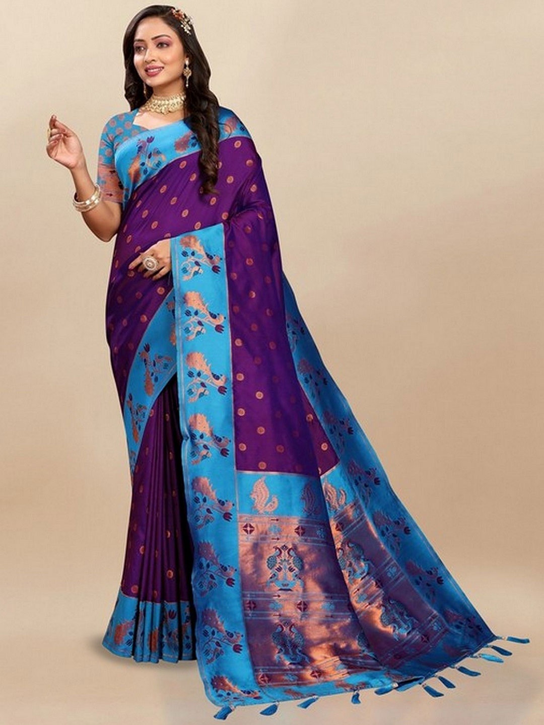 

VARNI FABRICS Woven Design Zari Pure Silk Paithani Saree, Navy blue