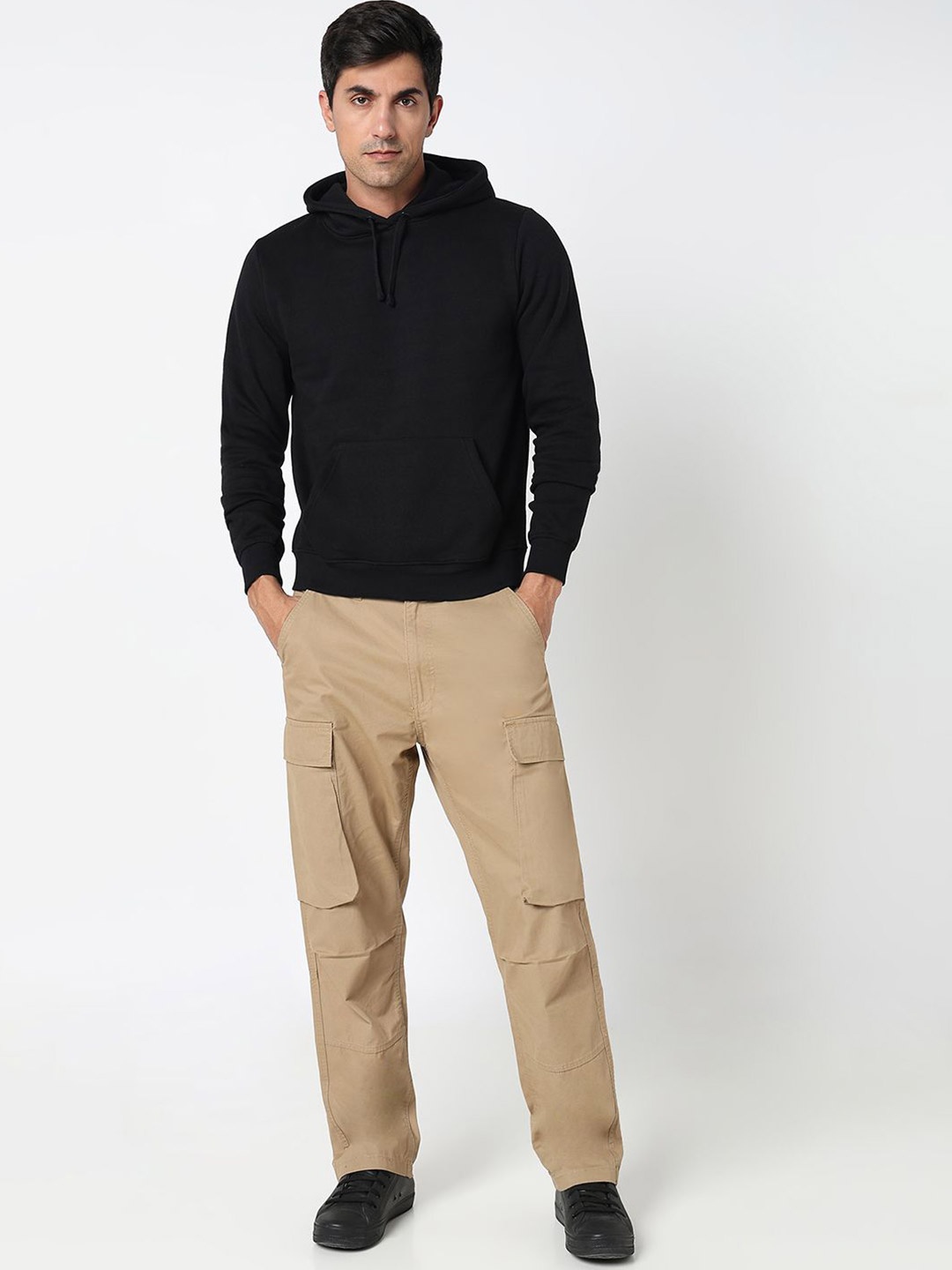 

R&B Men Cotton Hooded Pullover Sweatshirt, Black