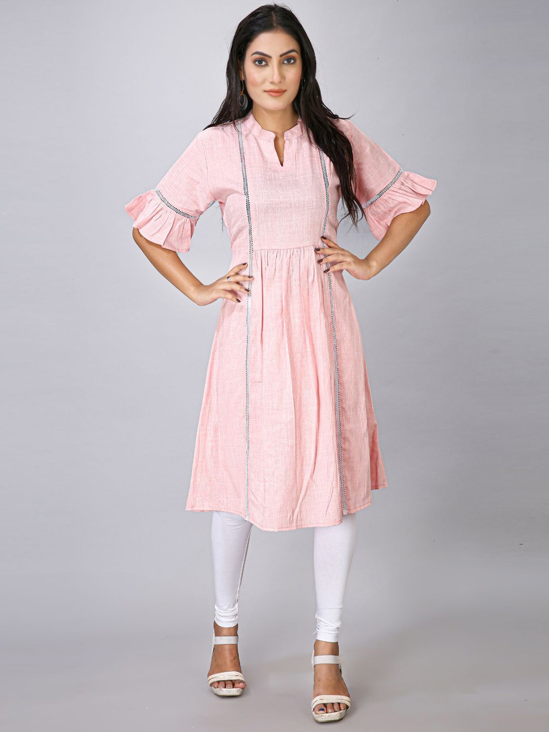 

Krimmple Women Mandarin Collar Bell Sleeves Kurta, Pink