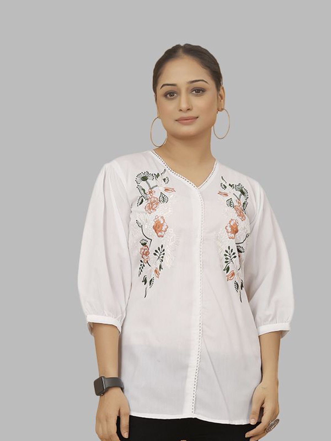 

Krimmple Floral Embroidered Cotton Top, White