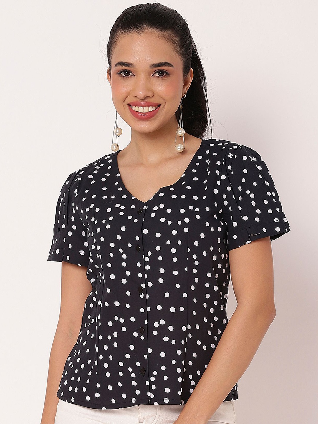

Moomaya Women Polka Dot Printed Cotton Top, Black