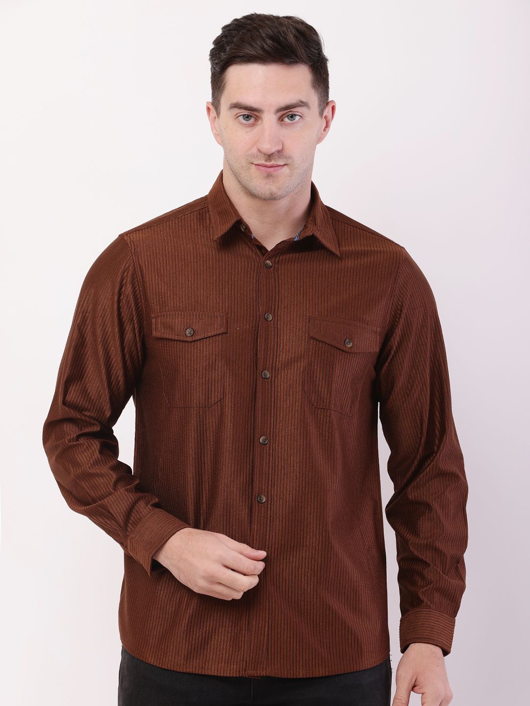 

HERE&NOW Men Comfort Fit Spread Collar Textured Cotton Casual Shirt, Coffee brown