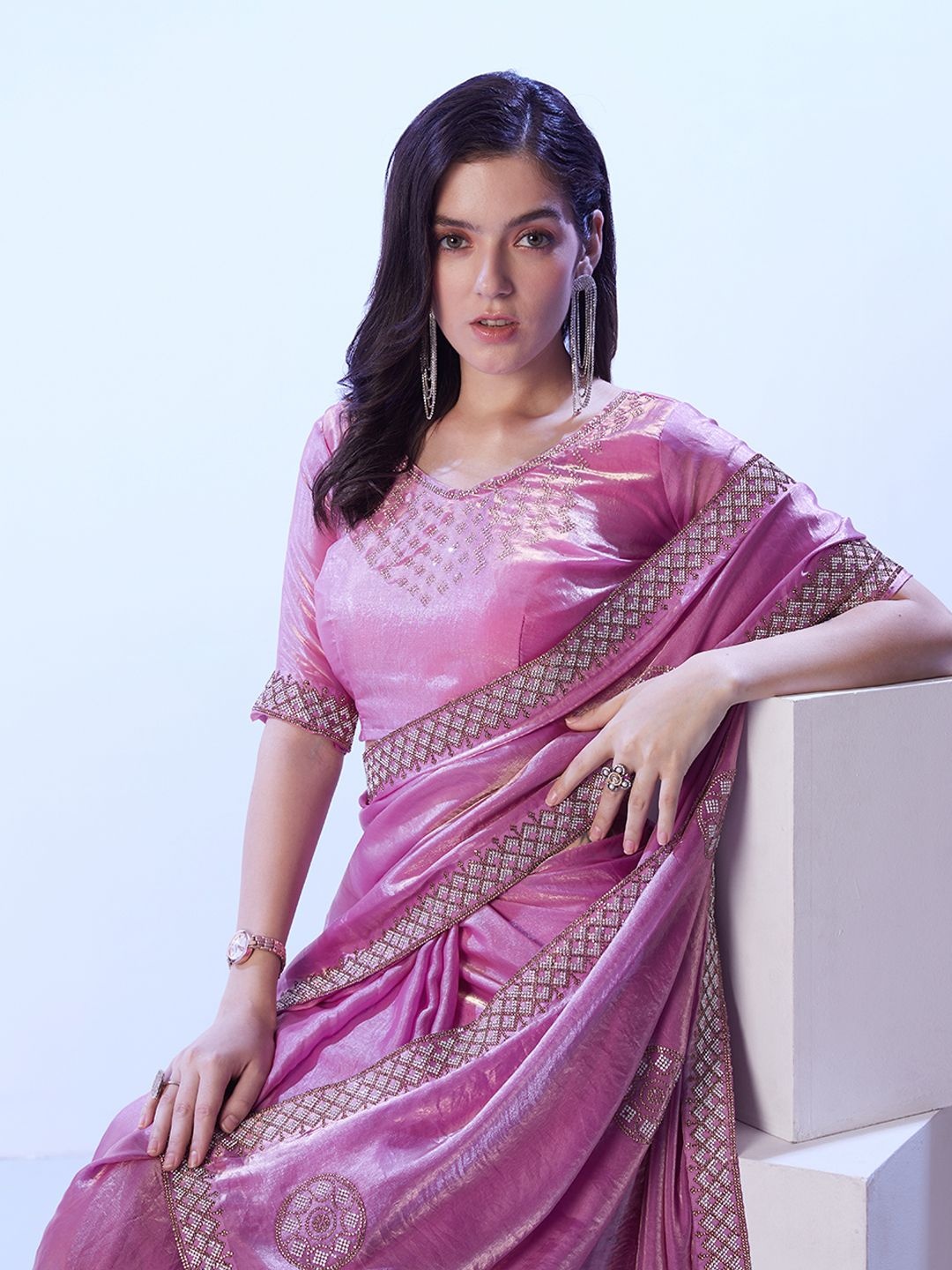 

Kalista Embellished Beads and Stones Satin Saree, Pink