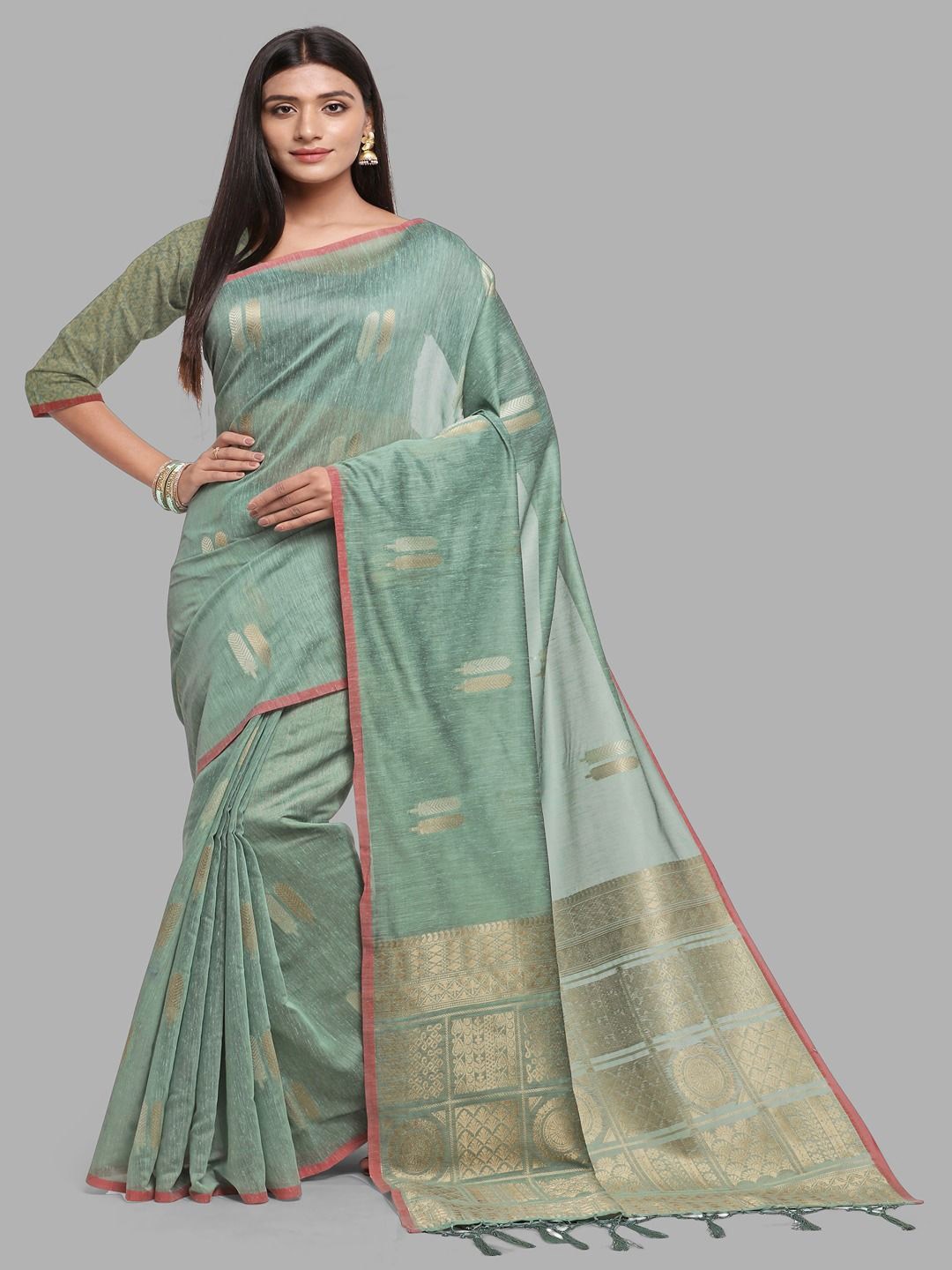 

Krimmple Woven Design Zari Pure Linen Banarasi Saree, Green