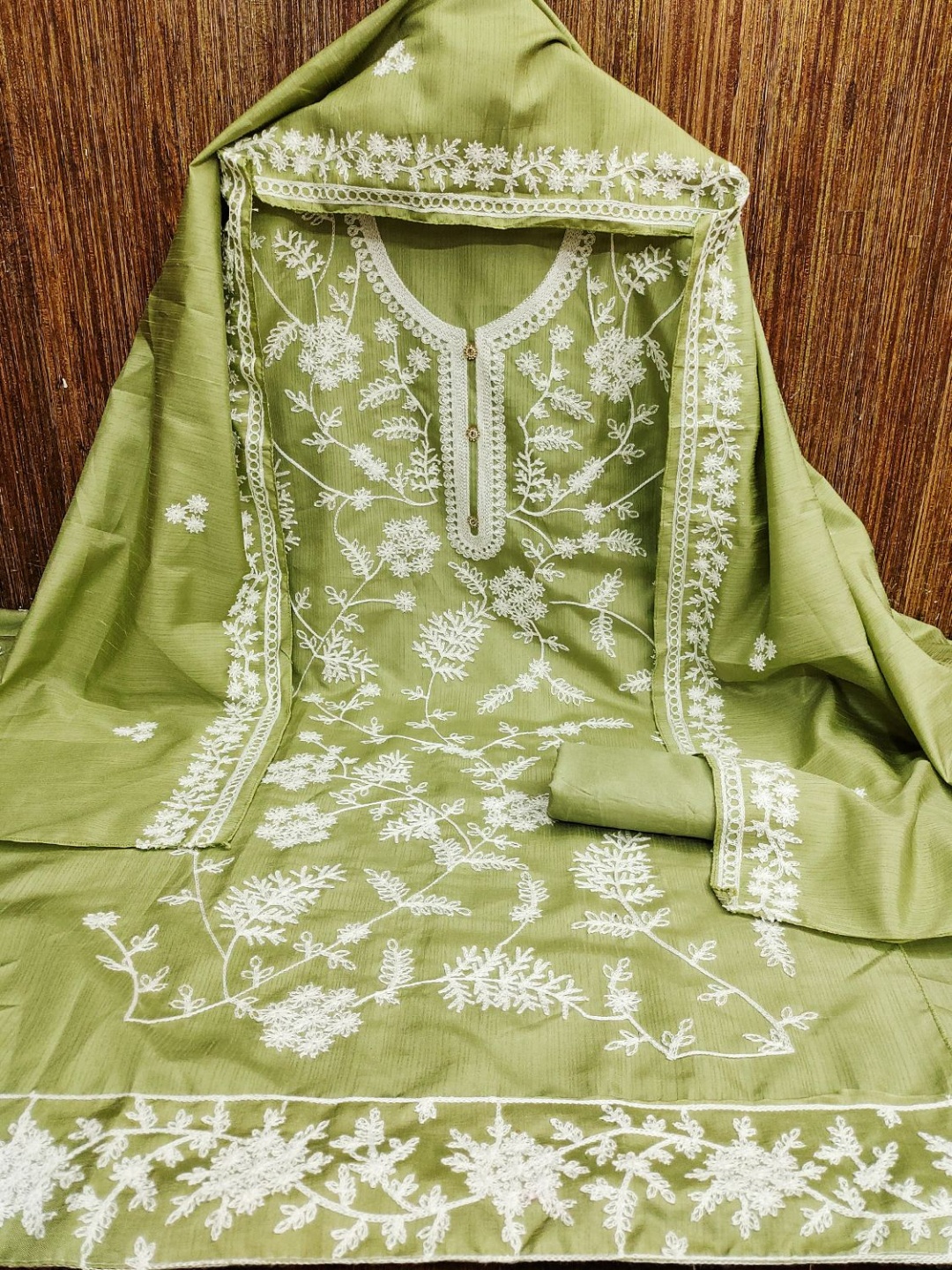 

Leeza Store Floral Embroidered Thread Work Unstitched Dress Material, Olive
