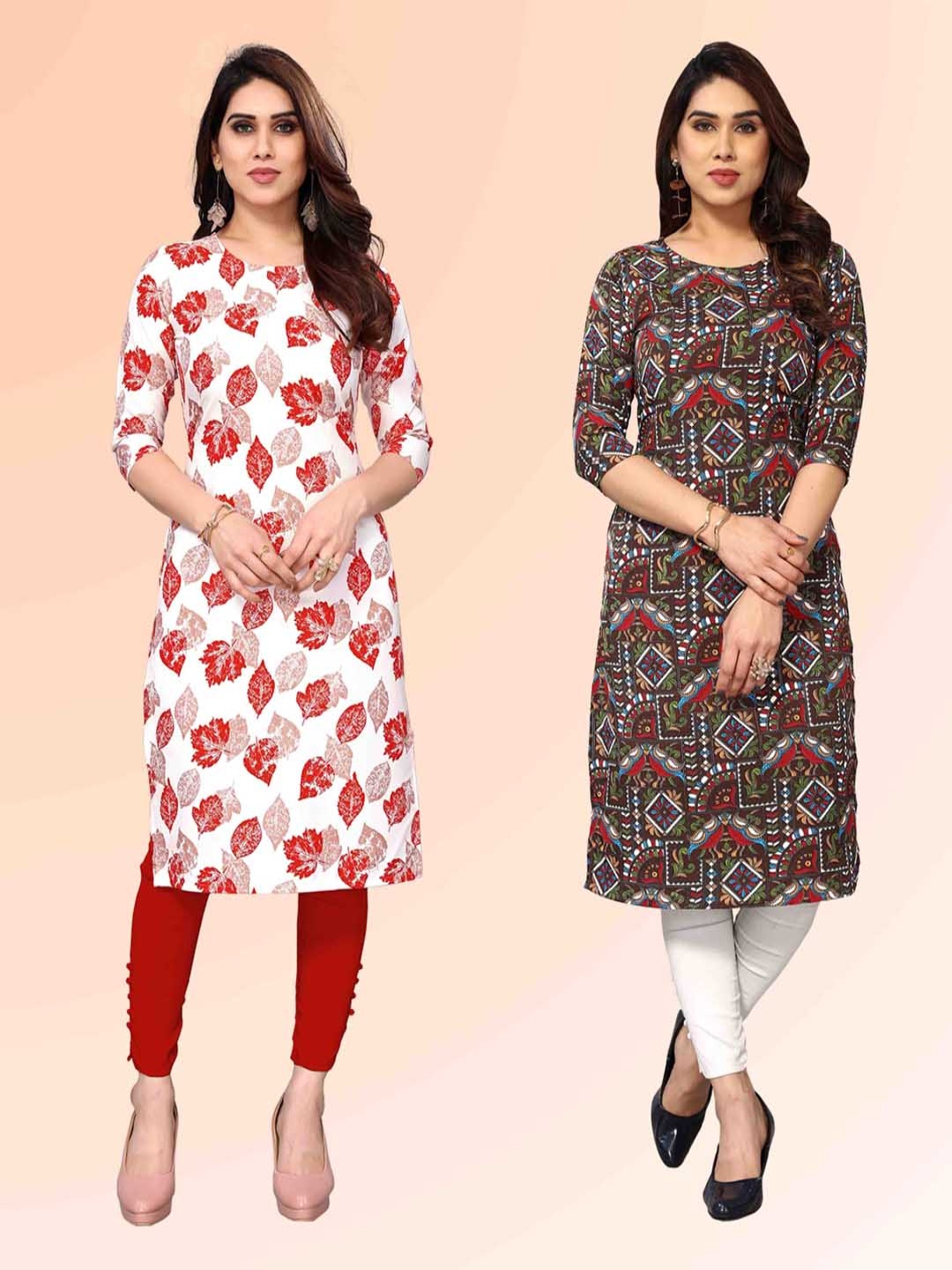 

KETAKI FASHION Selection Of 2 Floral Round Neck Straight Kurtas, White