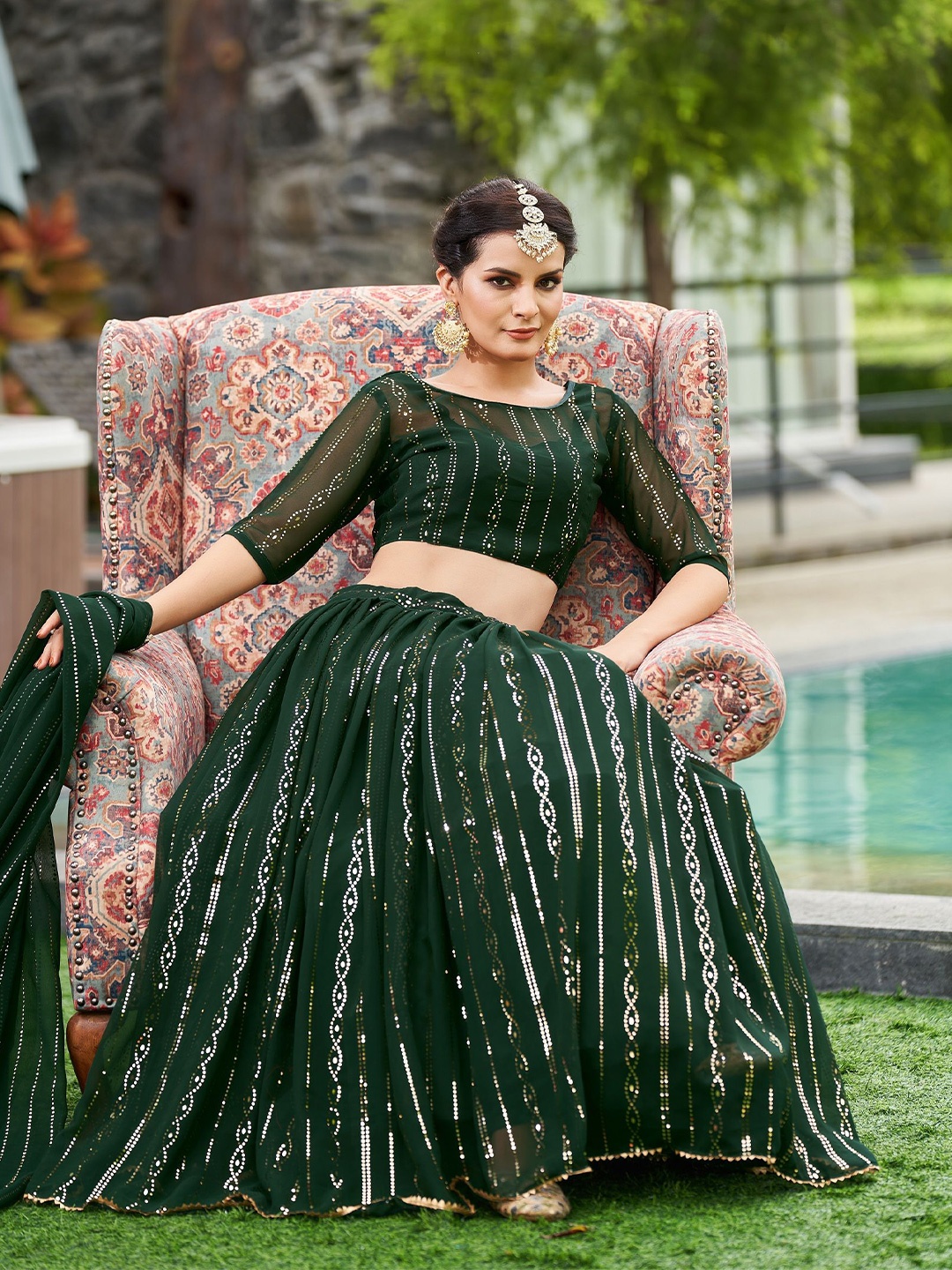 

KALINI Embroidered Thread Work Semi-Stitched Lehenga & Unstitched Blouse With Dupatta, Green