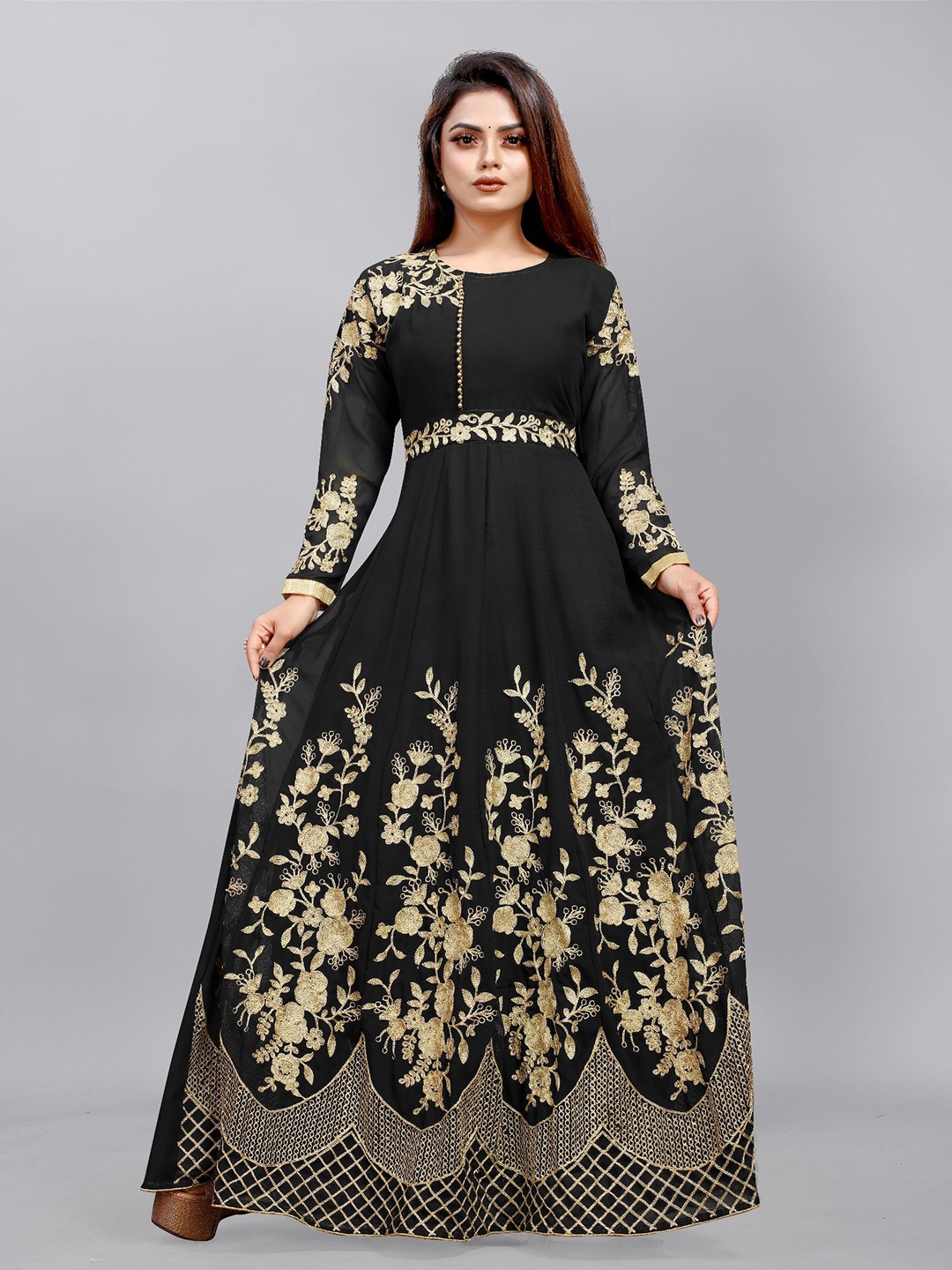 

A TO Z CART Floral Embroidered Georgette Maxi Dress, Black