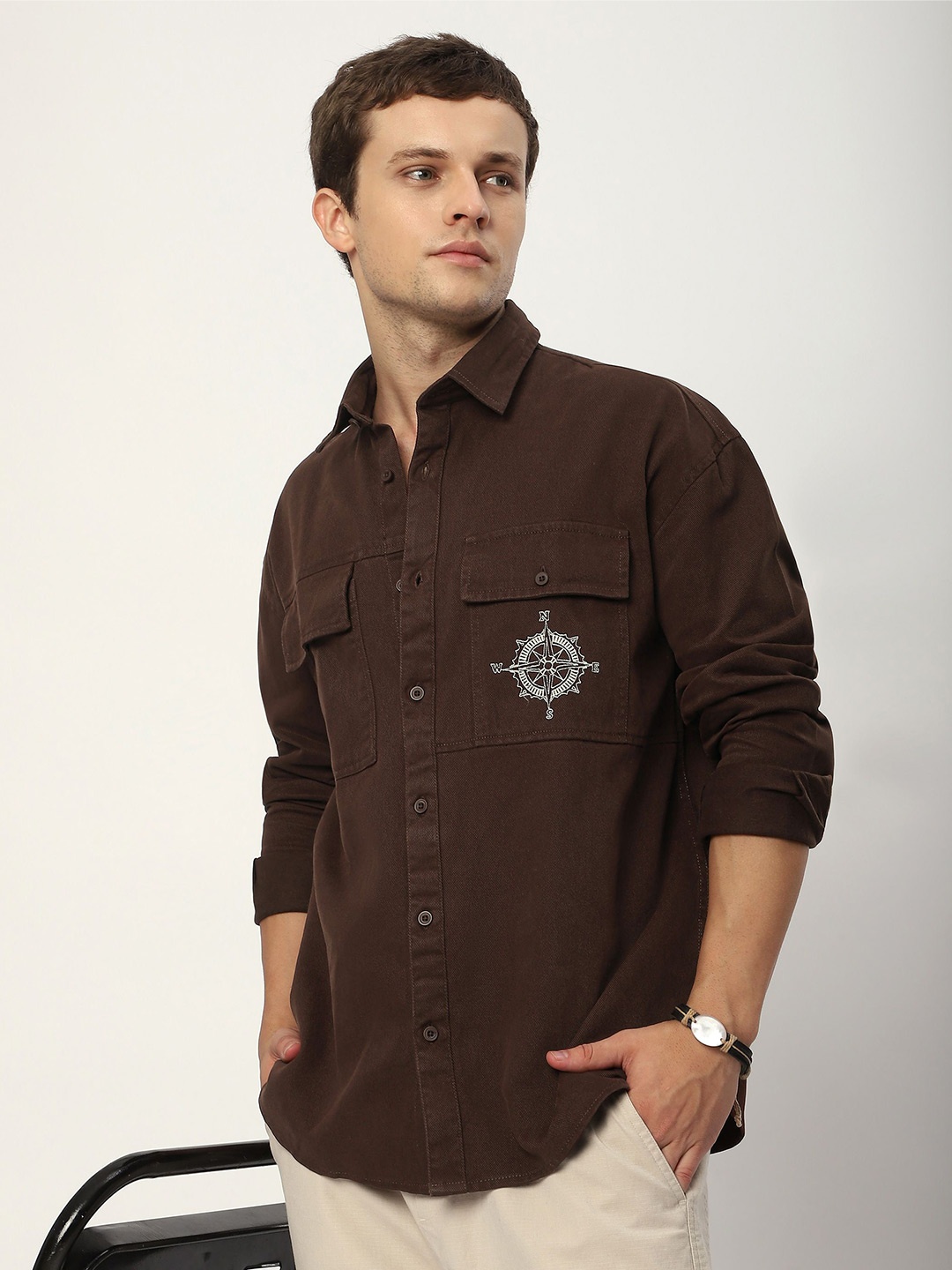 

Beyoung Men Spread Collar Solid Cotton Casual Shirt, Brown