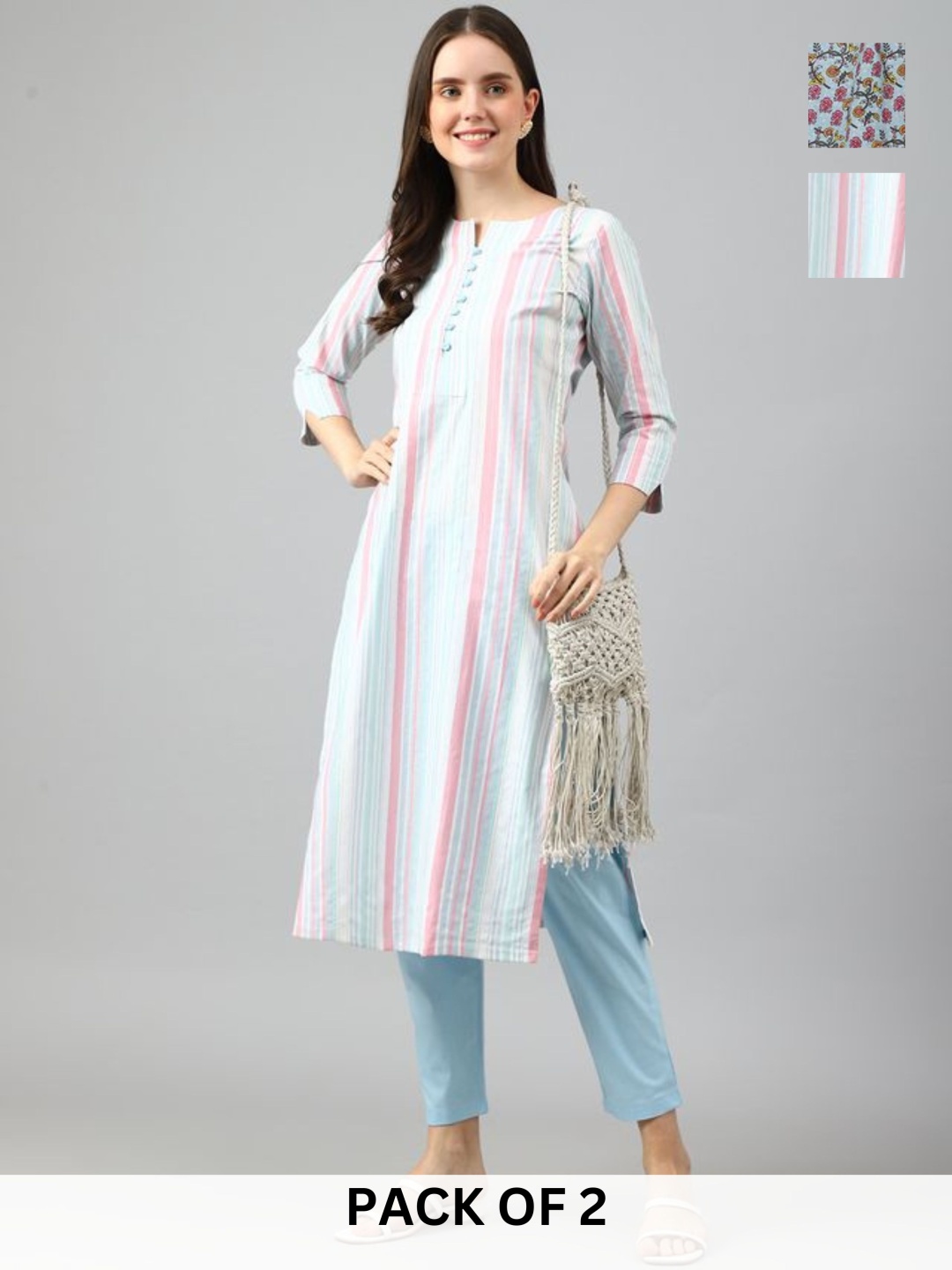 

KALINI Selection of 2 Striped Notch-Neck Straight Kurta With Trousers, Blue